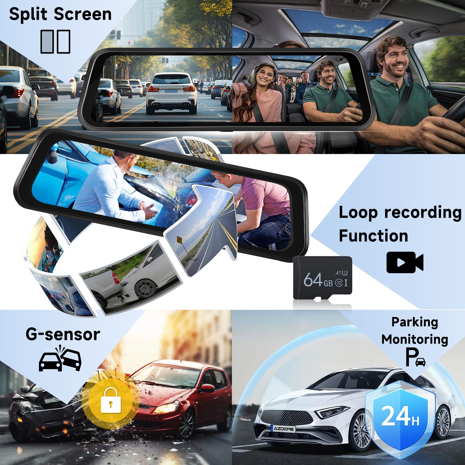 Hodozzy 2K WiFi Specchietto Retrovisore Dash Cam, Dashcam Retrovisore con Schermo IPS 9,66 Pollici Touchscreen con Controllo App, Visione Notturna, Registrazione Loop, Sensore G, BSD LCA+ Scheda 64 G