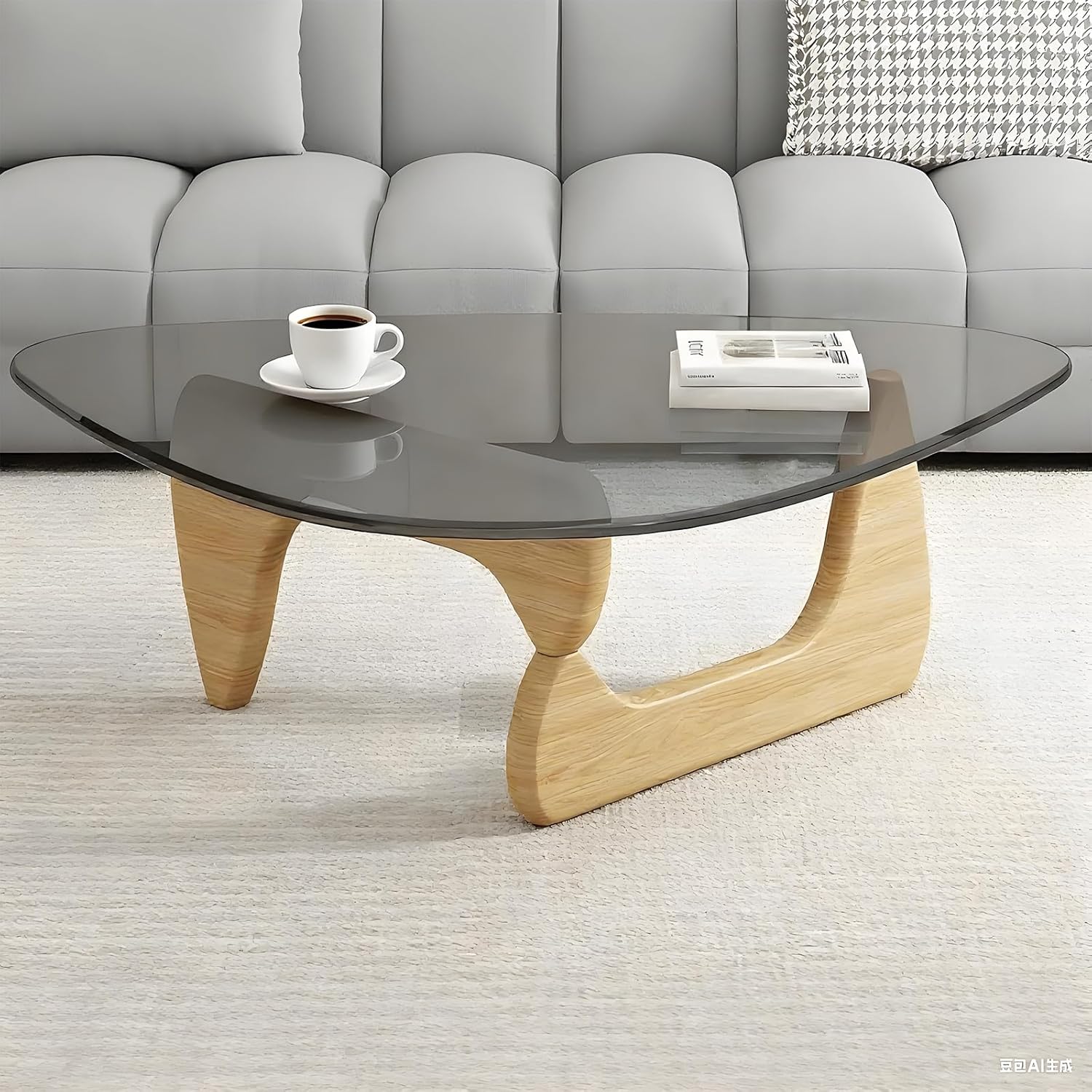 Triangle Coffee Table Small Glass Side Table Wooden Base Minimalist Modern Unique End Tables Suitable for Living Room, Bedroom, Balcony, Study, Office