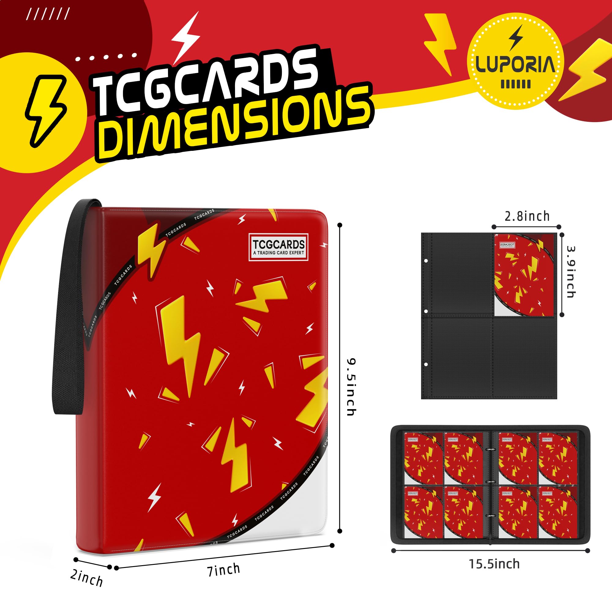 Raccoglitore per carte collezionabili con 4 tasche, 400 tasche, con 50 maniche rimovibili, in poliuretano impermeabile, album per carte collezionabili con cerniera a 3 anelli, per MTG/TCG/porta carte