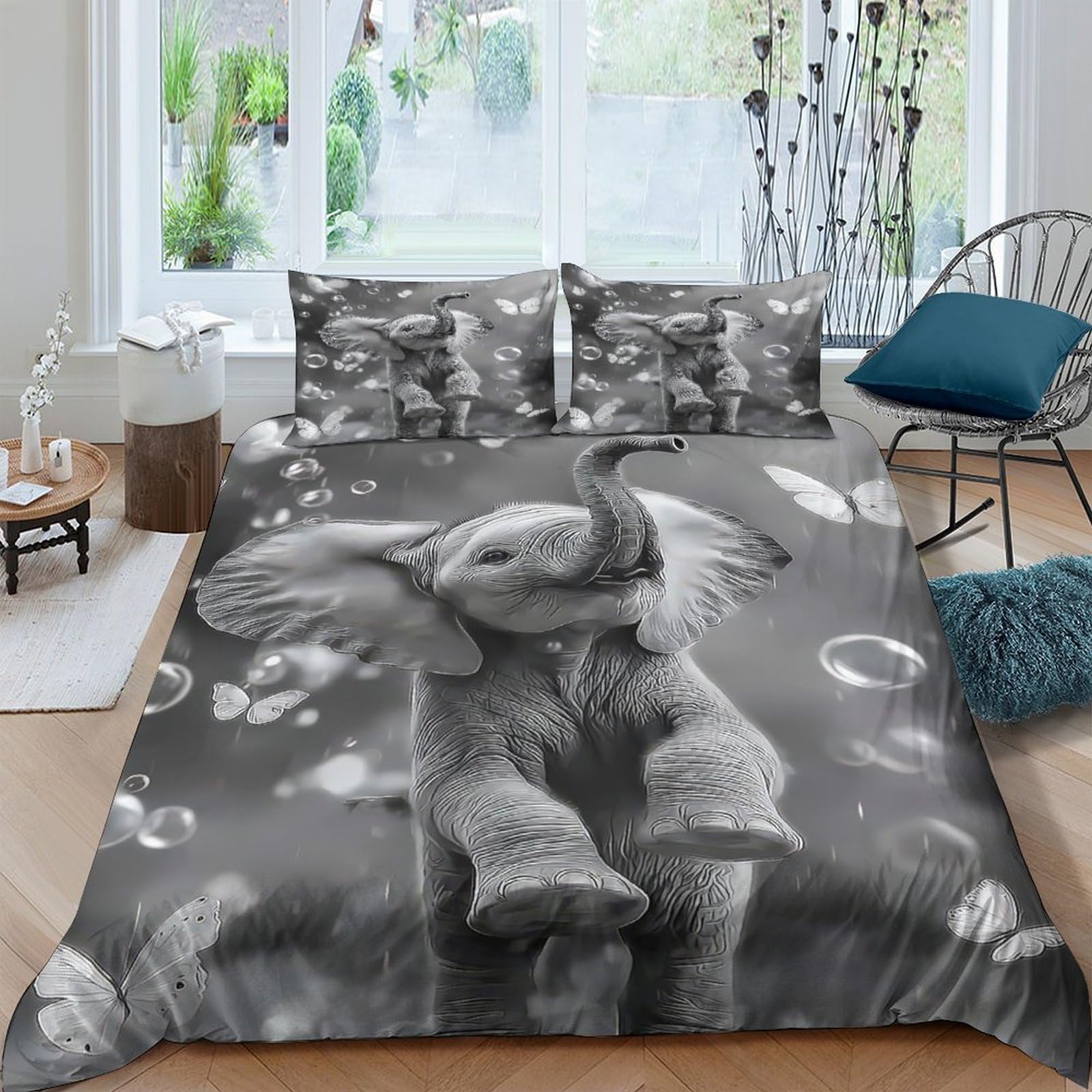 GPLZQXKJNH 3D Printed Elephant Bubble Duvet Cover Set Microfiber Soft Breathable Grey Bedroom Decor with 2 Pillowcases Single（135x200cm）