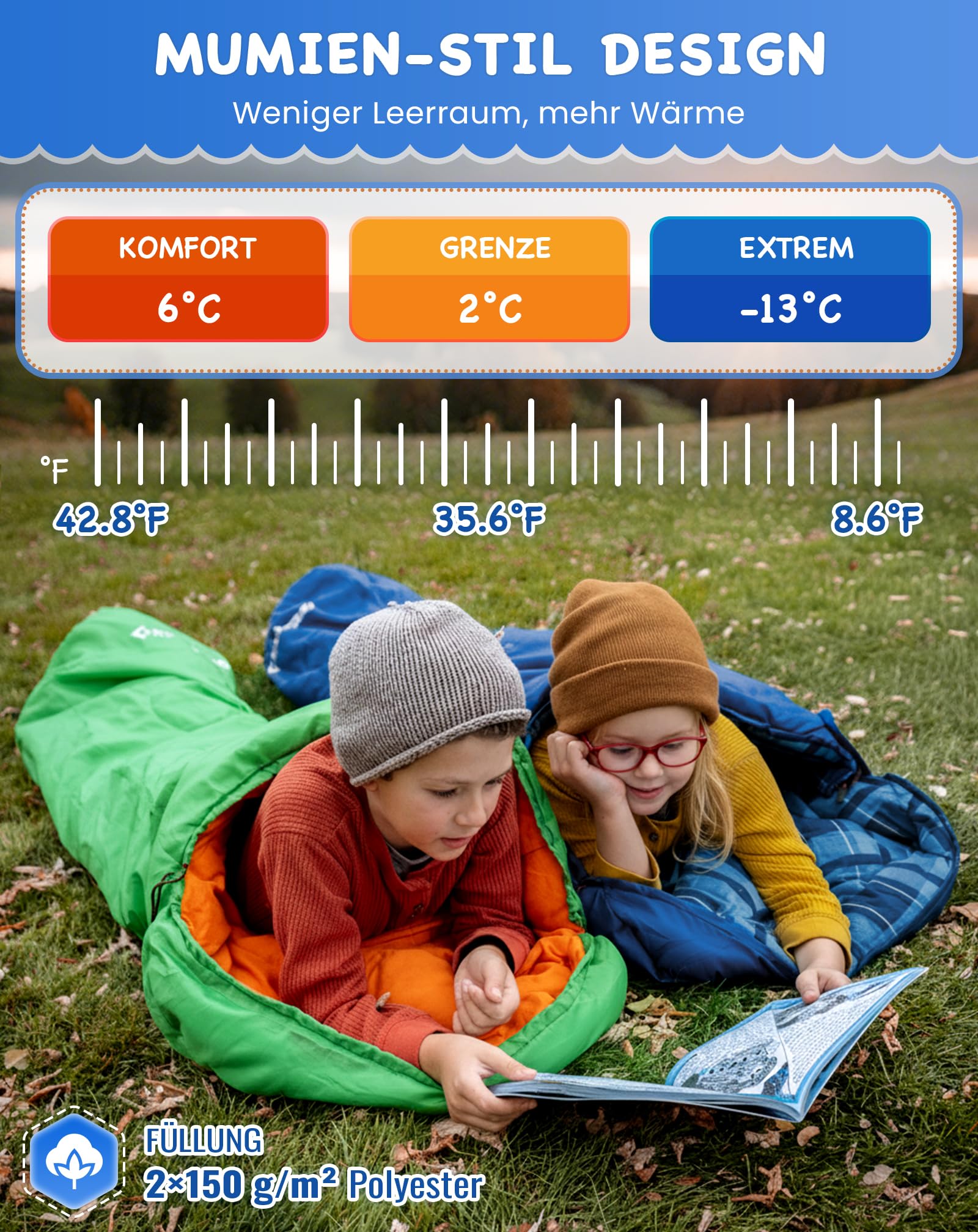 KingCamp Schlafsack Kinder aus Baumwoll-Flannel, warm und Bequeme Kinderschlafsack für 6-10 Jahre (bis 100-145 cm), Camping-Artikel für Reisen und Outdoor-Aktivitäten im Winter