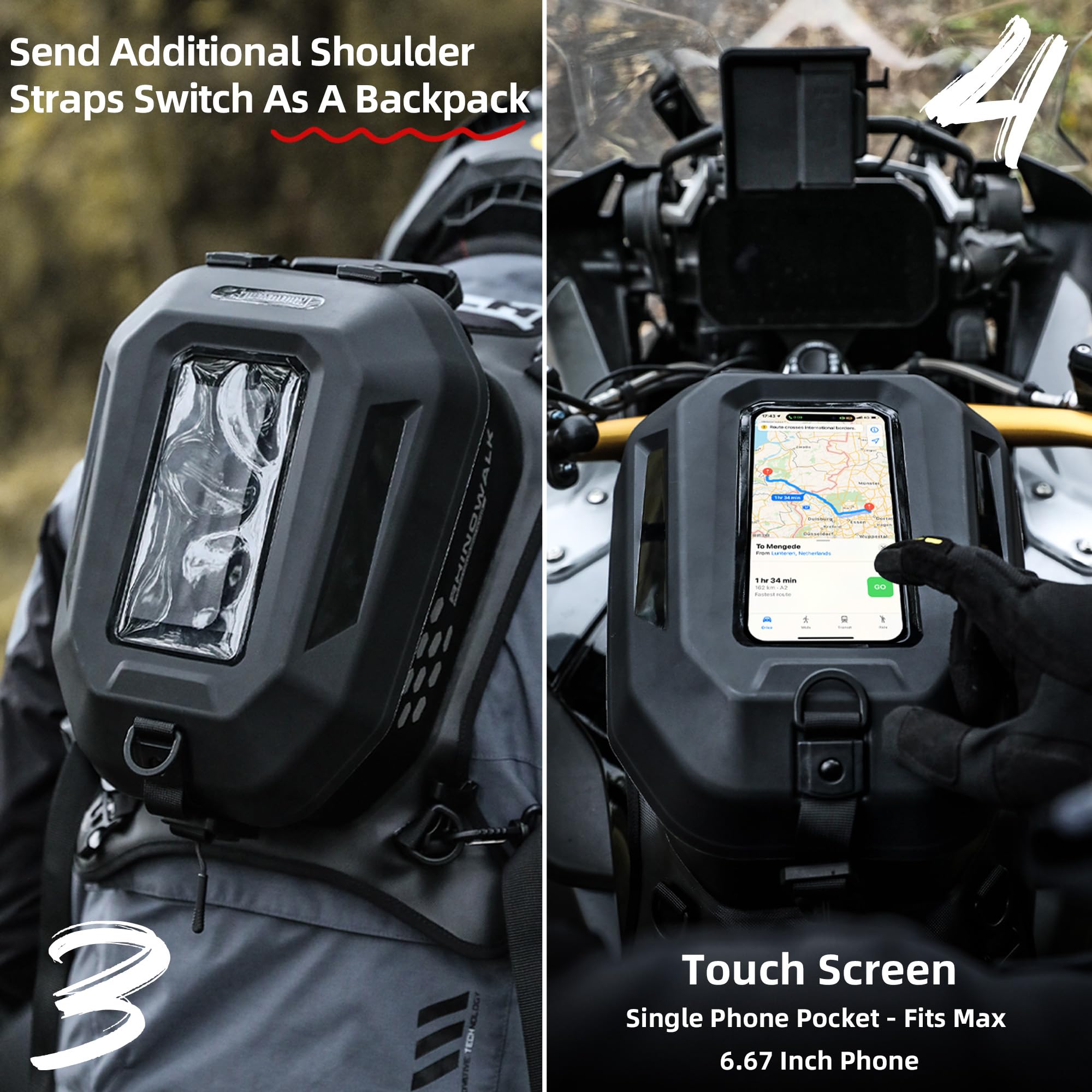 Rhinowalk Motorrad Tanktasche Wasserdicht – Hartschale Tank Bag mit Touchscreen-Handyfach, Magnetverschluss, abnehmbarem Deckel, Schultergurt – für Motorräder und Outdoor