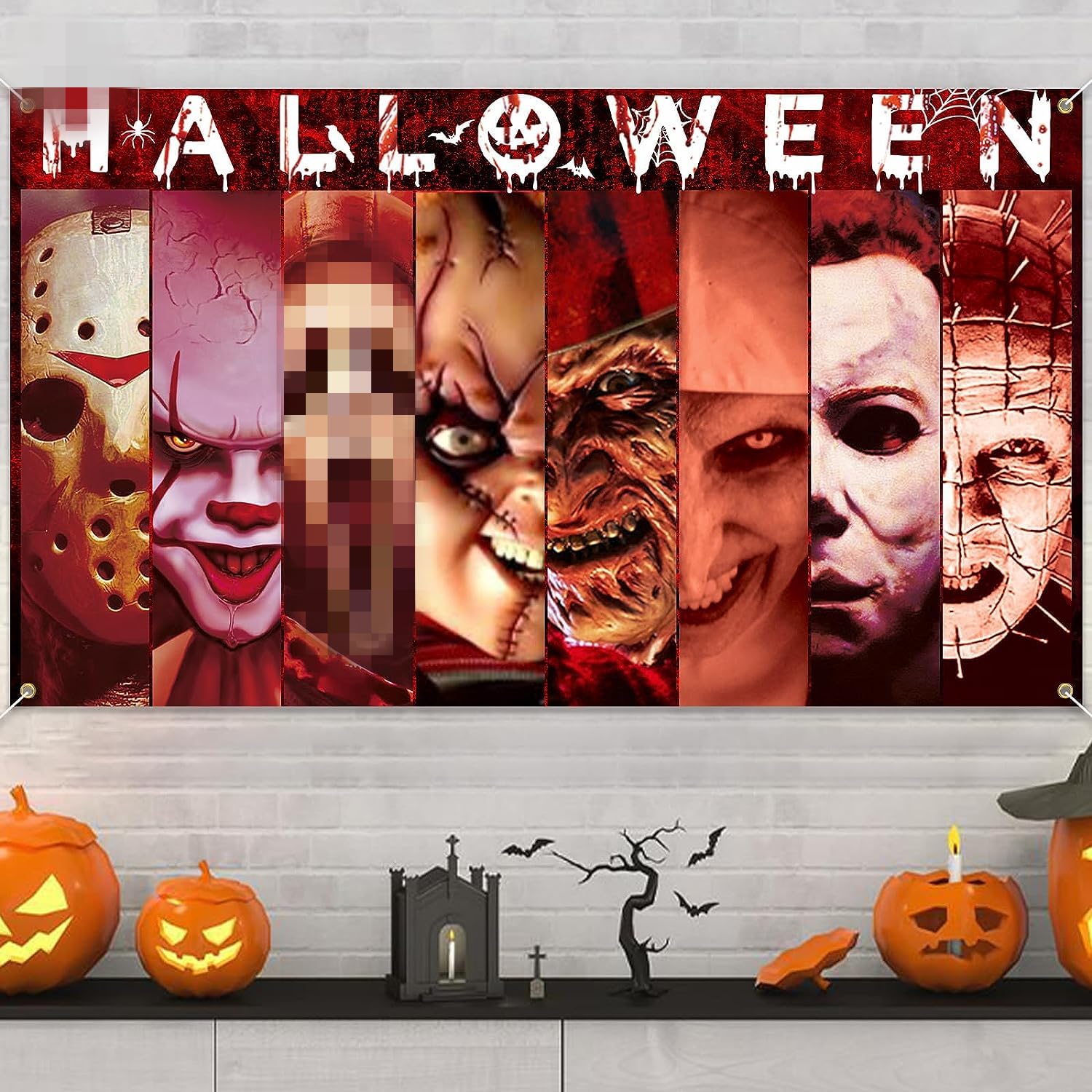 Halloween Horror Backdrop Banner Decorations, Fabric Scary Birthday Party Supplies Halloween Wall Window Poster Clings Covers Decor for Haunted House, Horror Movie Characters Background for Photo