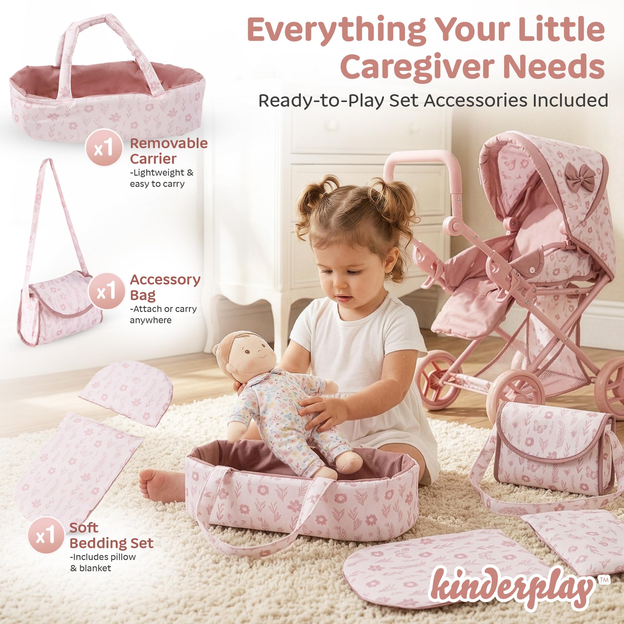 Kinderplay Wózek dla lalek 3 w 1 z torbą do przenoszenia, wózek dla lalek z regulacją wysokości 36,5-64 cm, składany wózek dziecięcy z cichymi kółkami piankowymi, dla lalek do 40 cm, od 3 lat