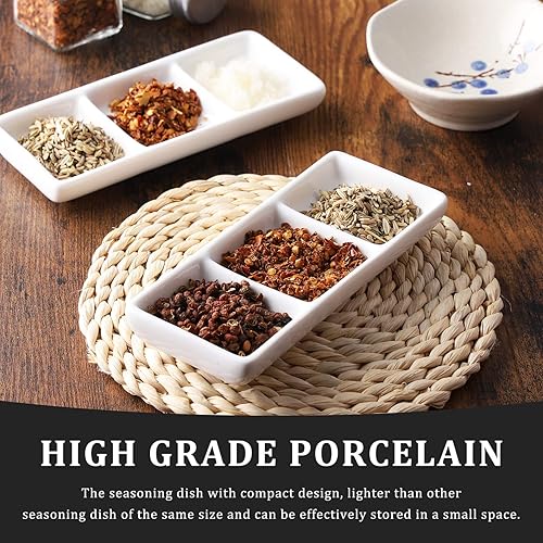 Miniatura 4 de DOITOOL 2 platos de cerámica para servir, 3 compartimentos, bandejas para servir aperitivos, platos rectangulares blancos para salsa dividida para