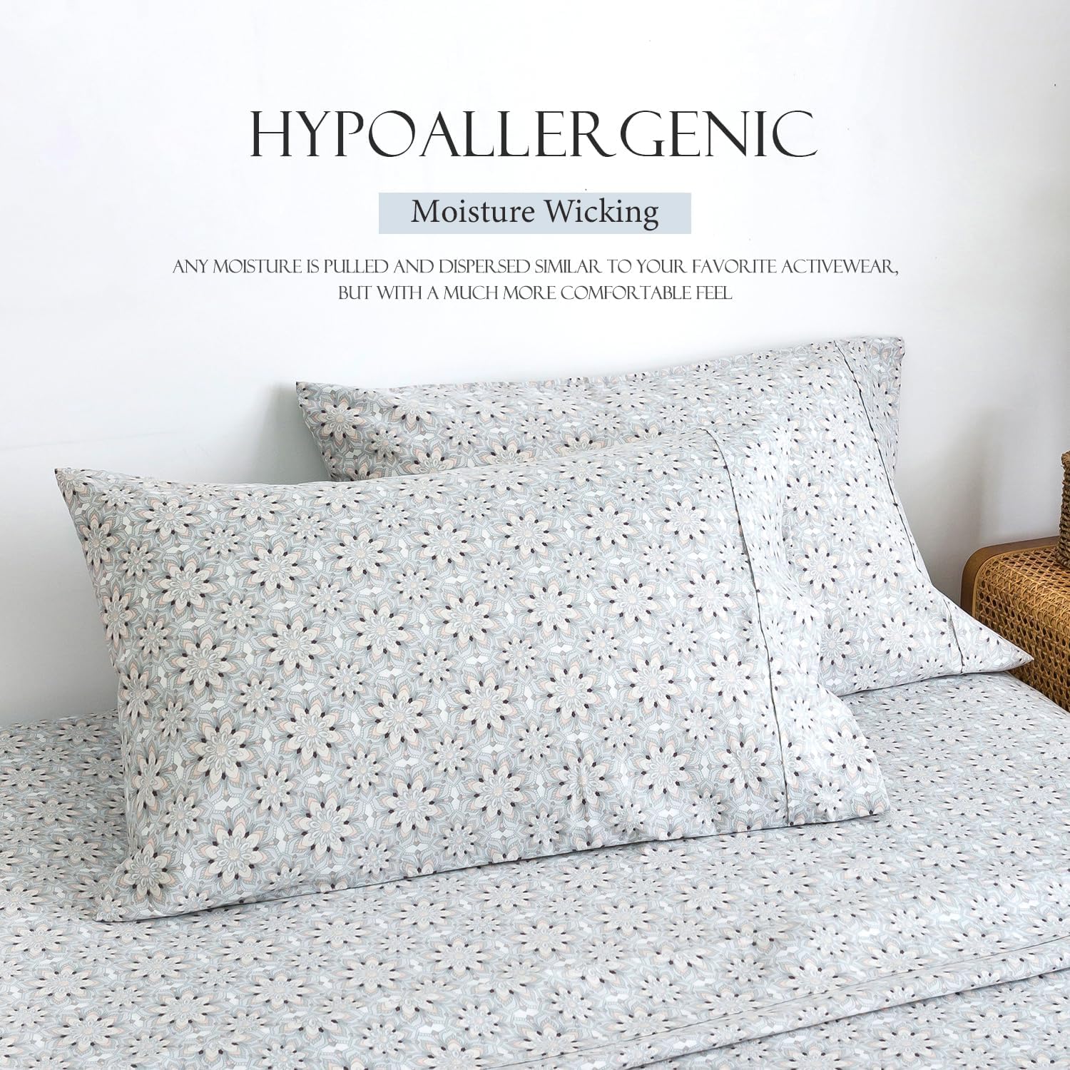 KACEMOO Queen Sheet Set 4PC Printed Bed Sheets Yellow Ivory Floral Sheet Queen Pattern Cooling Soft Microfiber 17”Deep Pocket Sheet Set, Easy Care, Breathable, Wrinkle Free, Machine Washable Bed Set