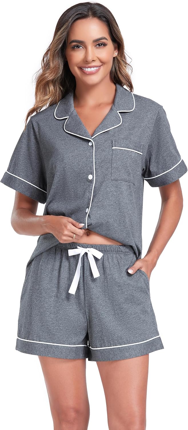 ANLIQI Womens 100% Cotton Pajama Sets Shorts Soft Short Sleeve Pj Sets Summer Pajamas for Women Button Down Sleepwear S-XXL