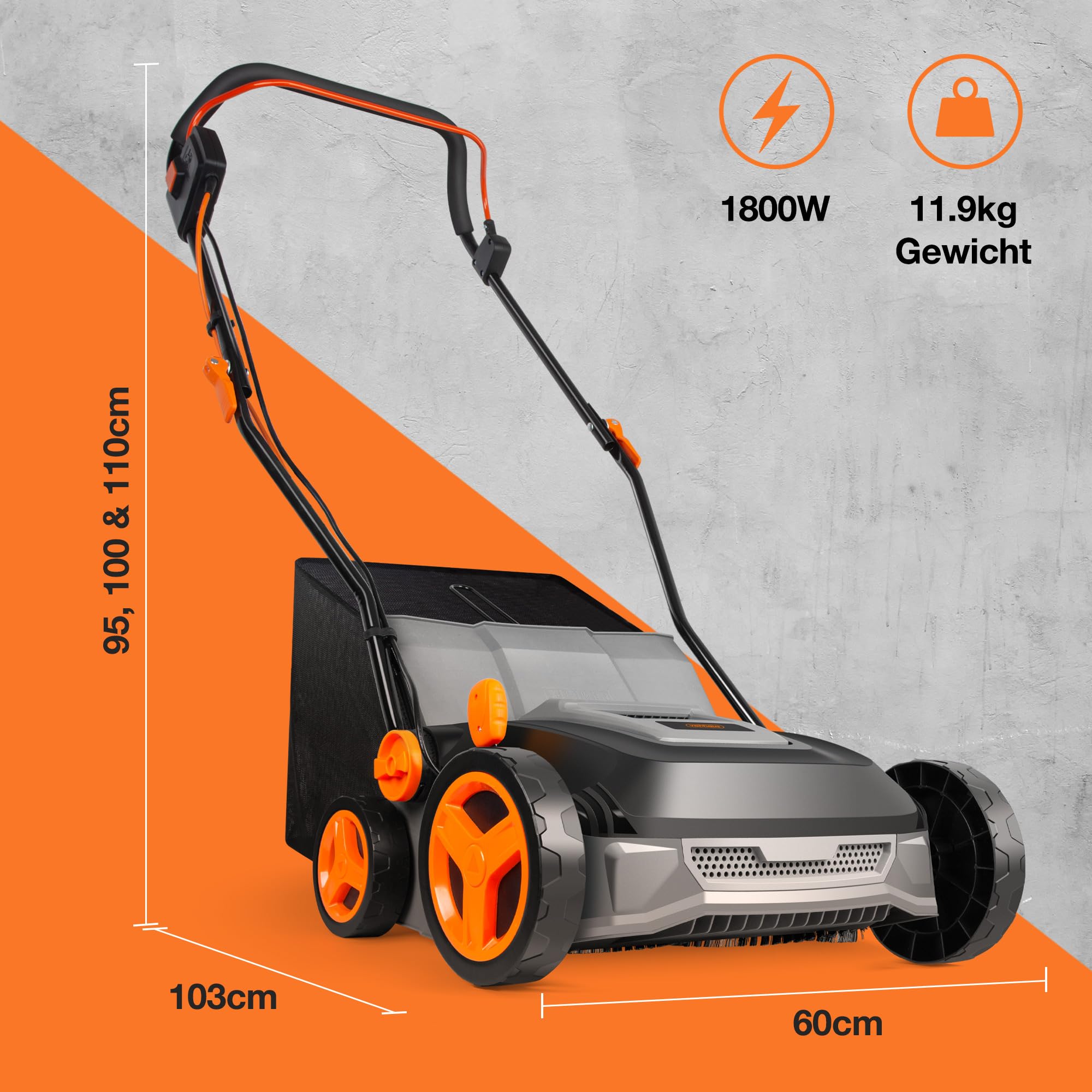 VonHaus Kunstrasenbürste 1800W, Laubsammler für Kunstrasen, Elektrische Kunstrasen Kehrmaschine Reiniger, 45 L Fangsack, 5 Einstellbare Höhen, 380 mm Arbeitsbreite, Klappbarer Handgriff