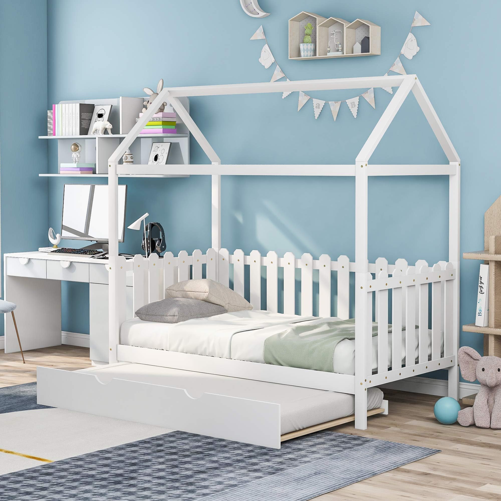 Merax Twin Size Wooden House Bed with Trundle and Fence-Shaped Guardrail for Teens, Girls, Boys, White