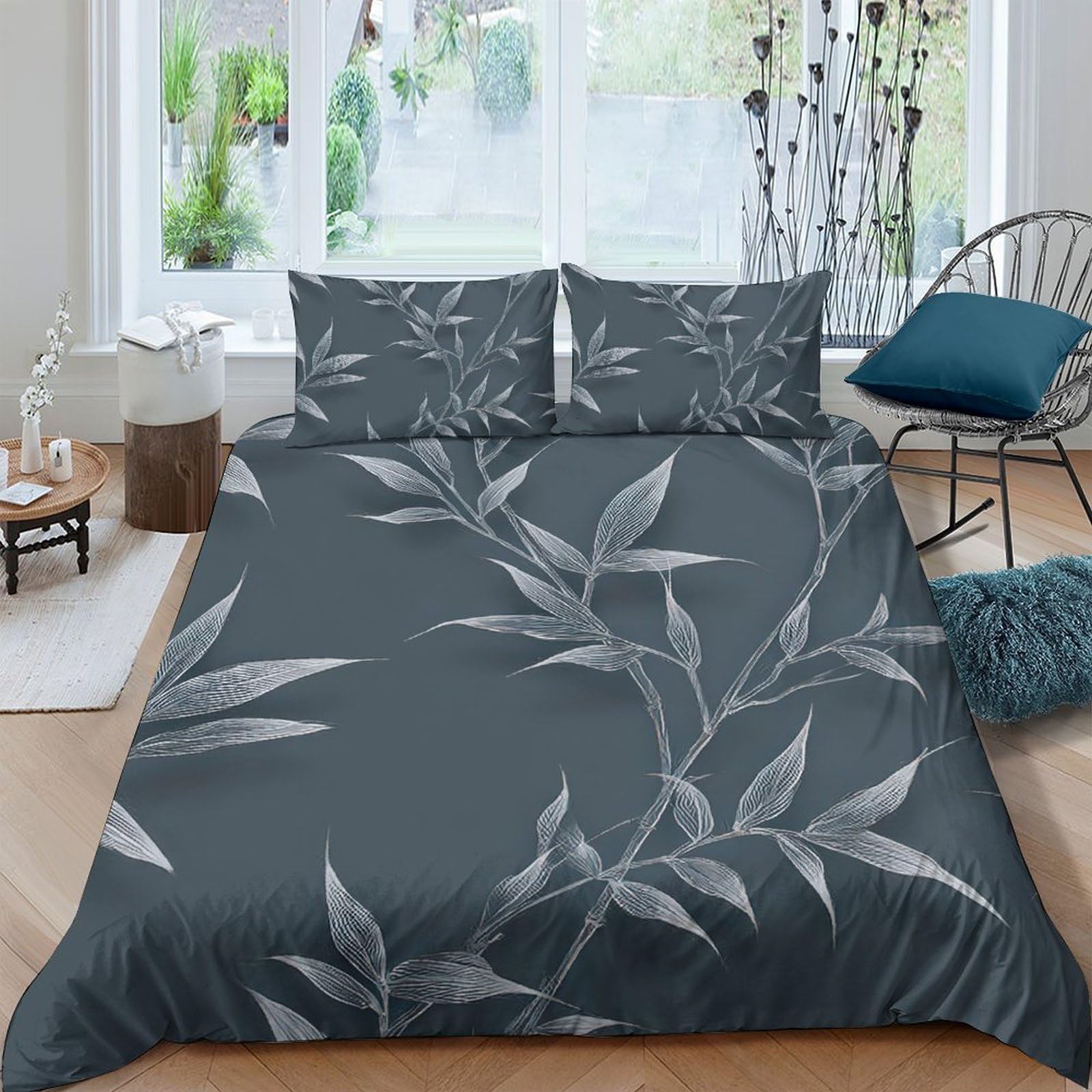 GPLZQXKJNH 3D Printed Grey Bamboo Leaves Duvet Cover Microfiber Soft Breathable Botanical Bedding Set with 2 Pillowcases for Bedroom Decor Single（135x200cm）