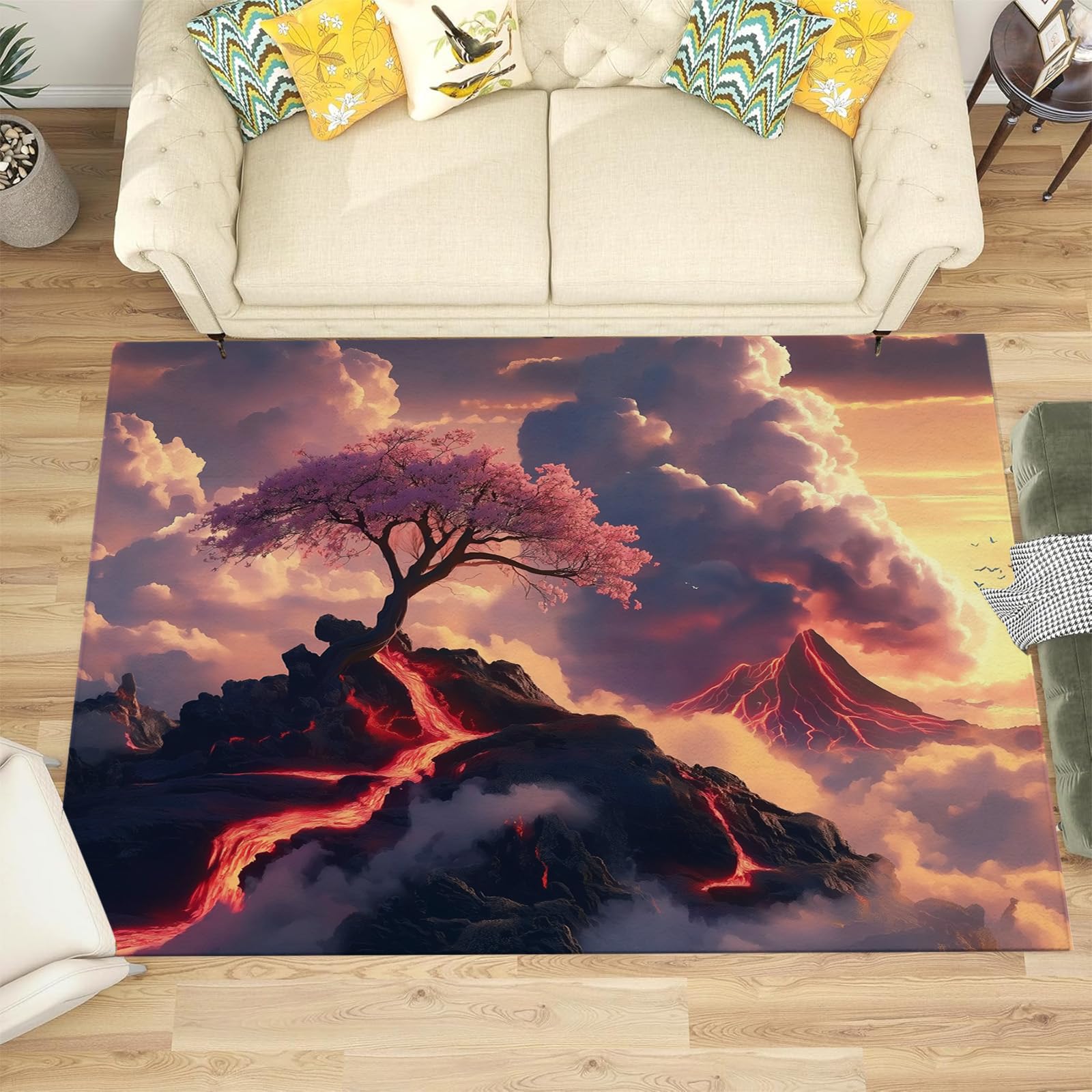 Tapis salon et chambre moderne arbres sakura bord du volcan 90x150