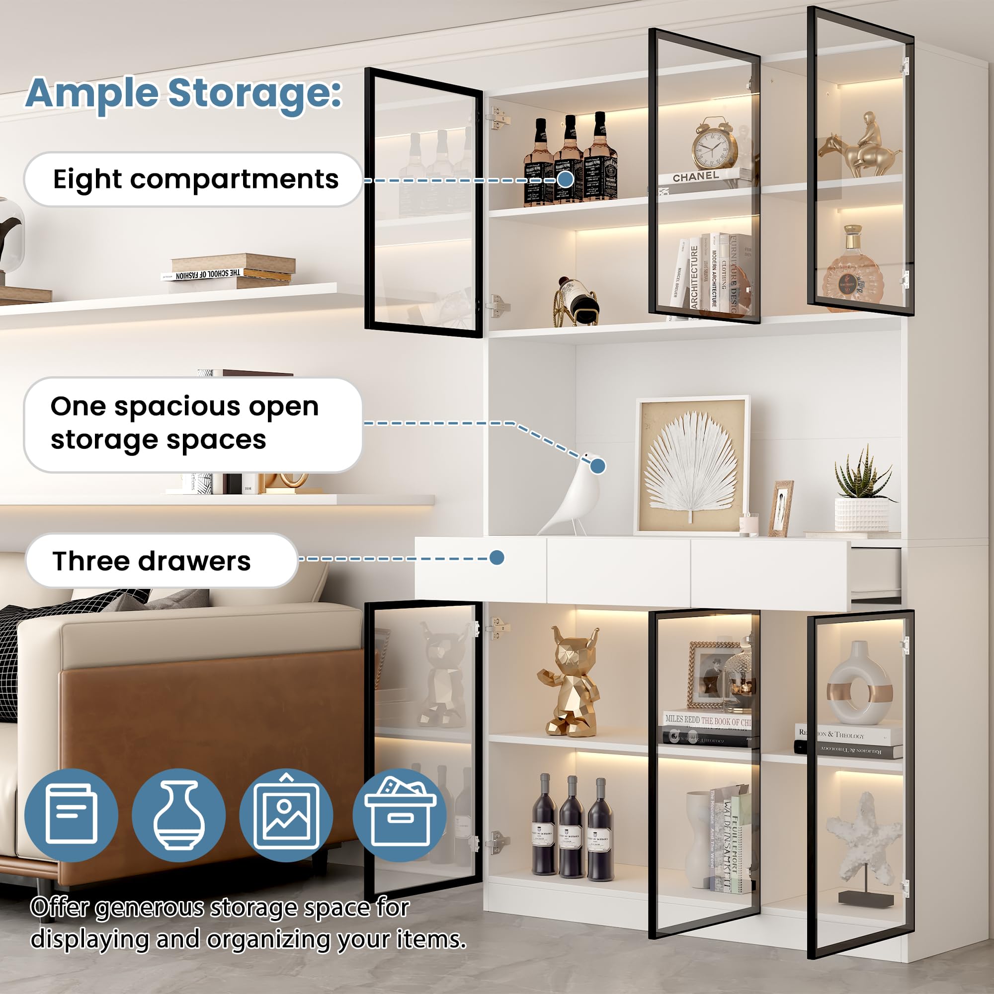 Armadio in vetro per porta, altezza 200 cm, bianco, con luci a LED, per collezione, camera da letto, soggiorno, ufficio, bianco – telaio nero