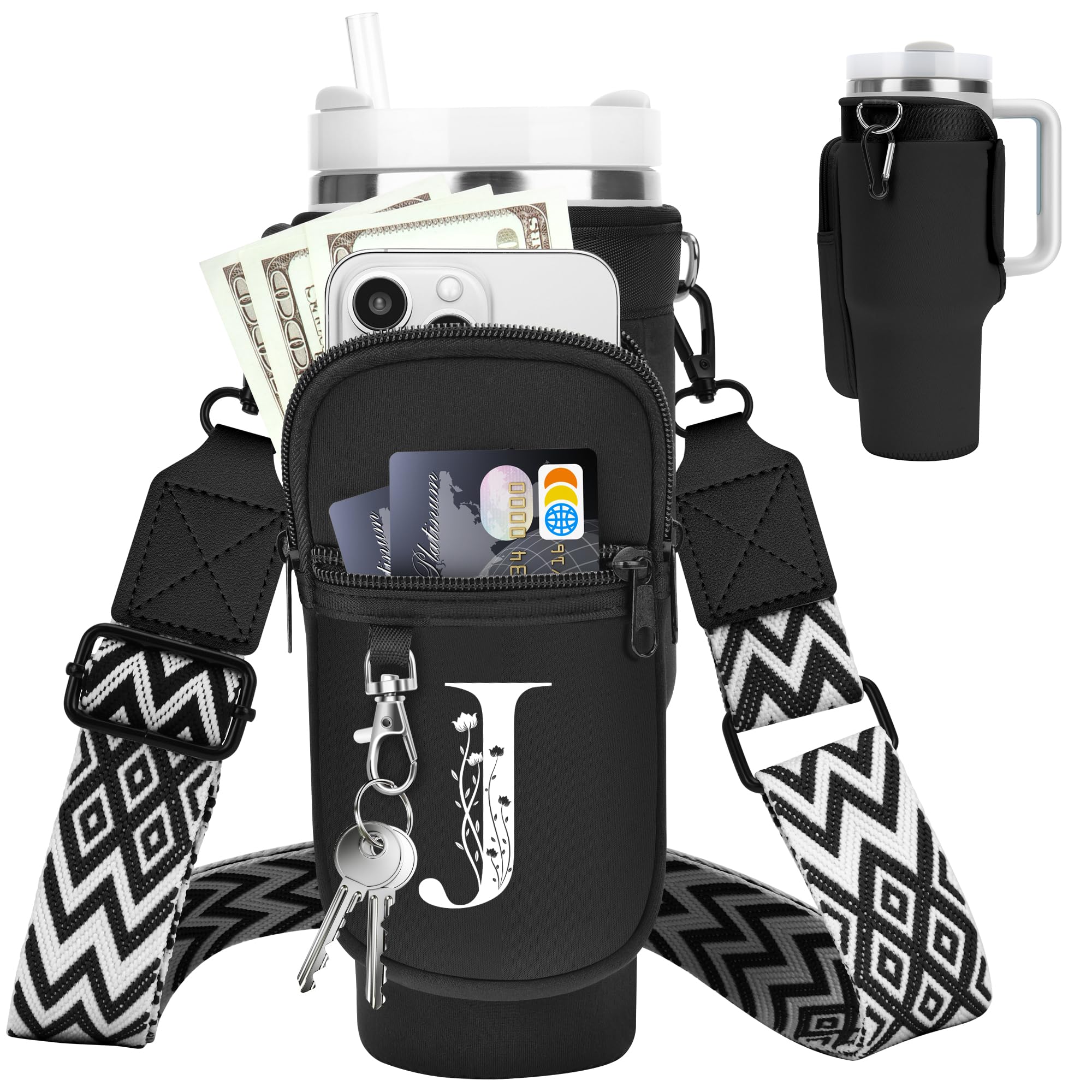 Initial Water Bottle Holder with Strap for Stanley Cup 40 oz Tumbler