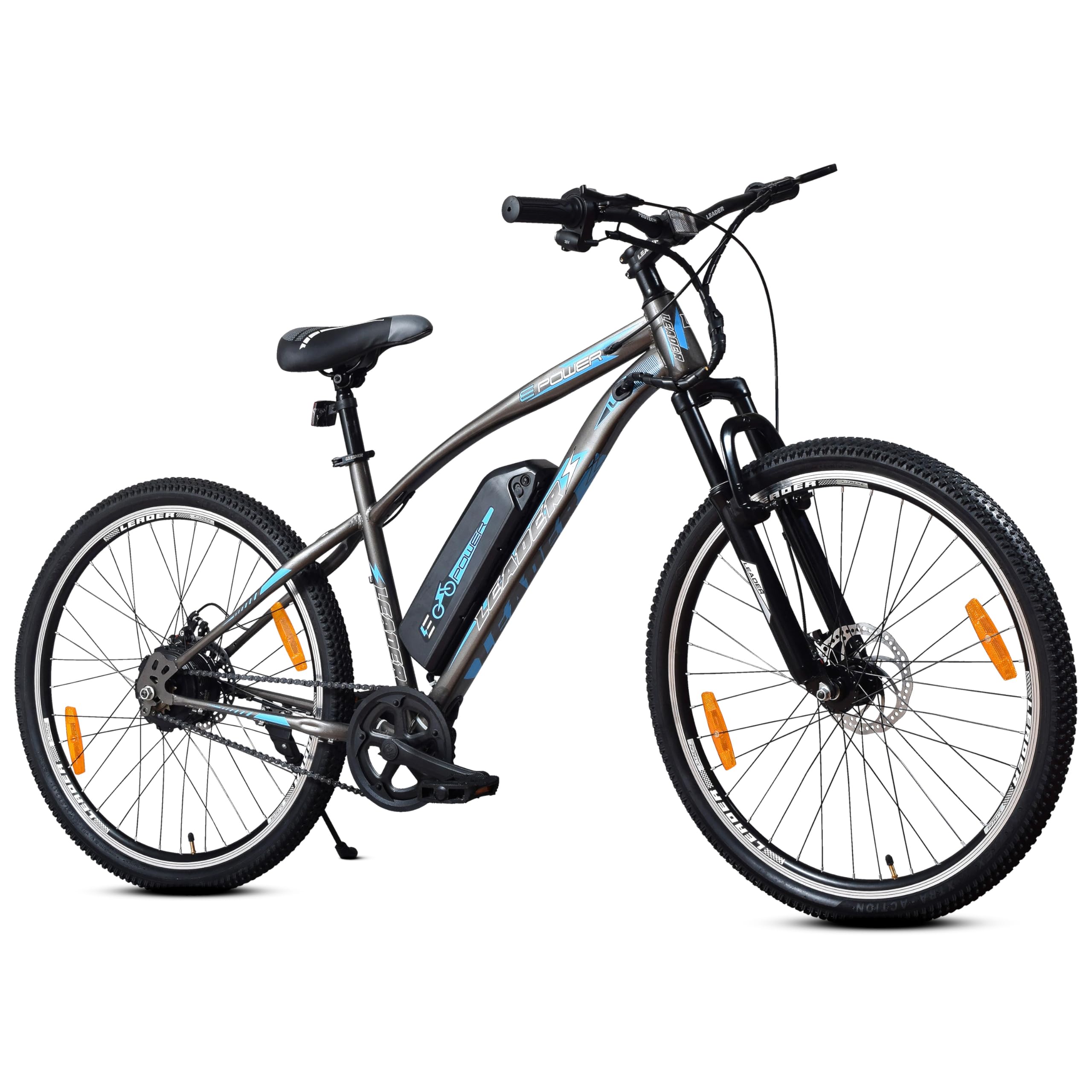 Leader Unisex E-Power L6 Pro 27.5T Electric Cycle With Removable Li-Ion Battery | High-Performance 250W Motor, Dual Disc Brakes & Front Suspension | 1 Year Warranty | 12+ Years (Grey), 19 Inch-image-9