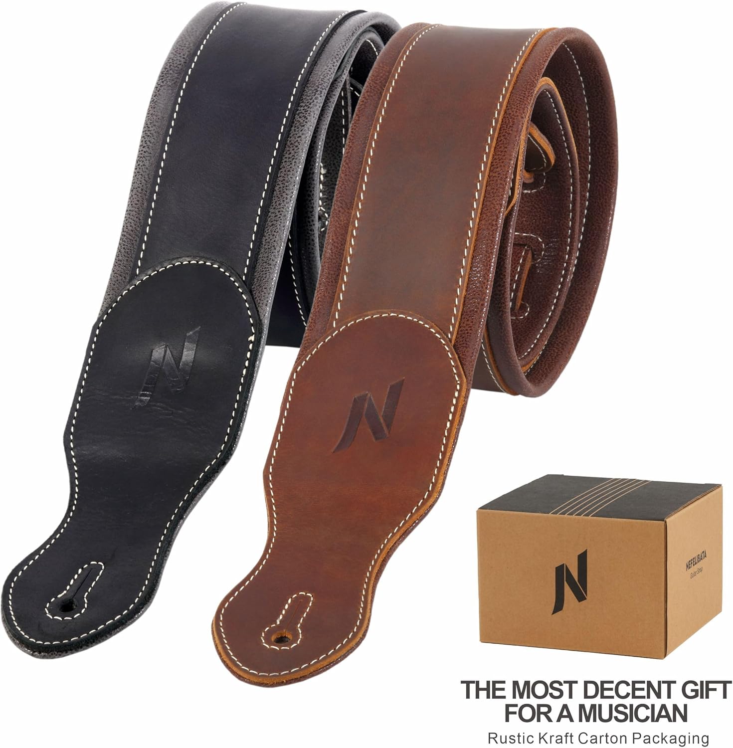 Nefelibata Guitar Strap 2.75", Double Thicken Full-Grain Leather Guitar Straps with Cable Storage Loop for Bass, Electric & Acoustic Guitar(Black)