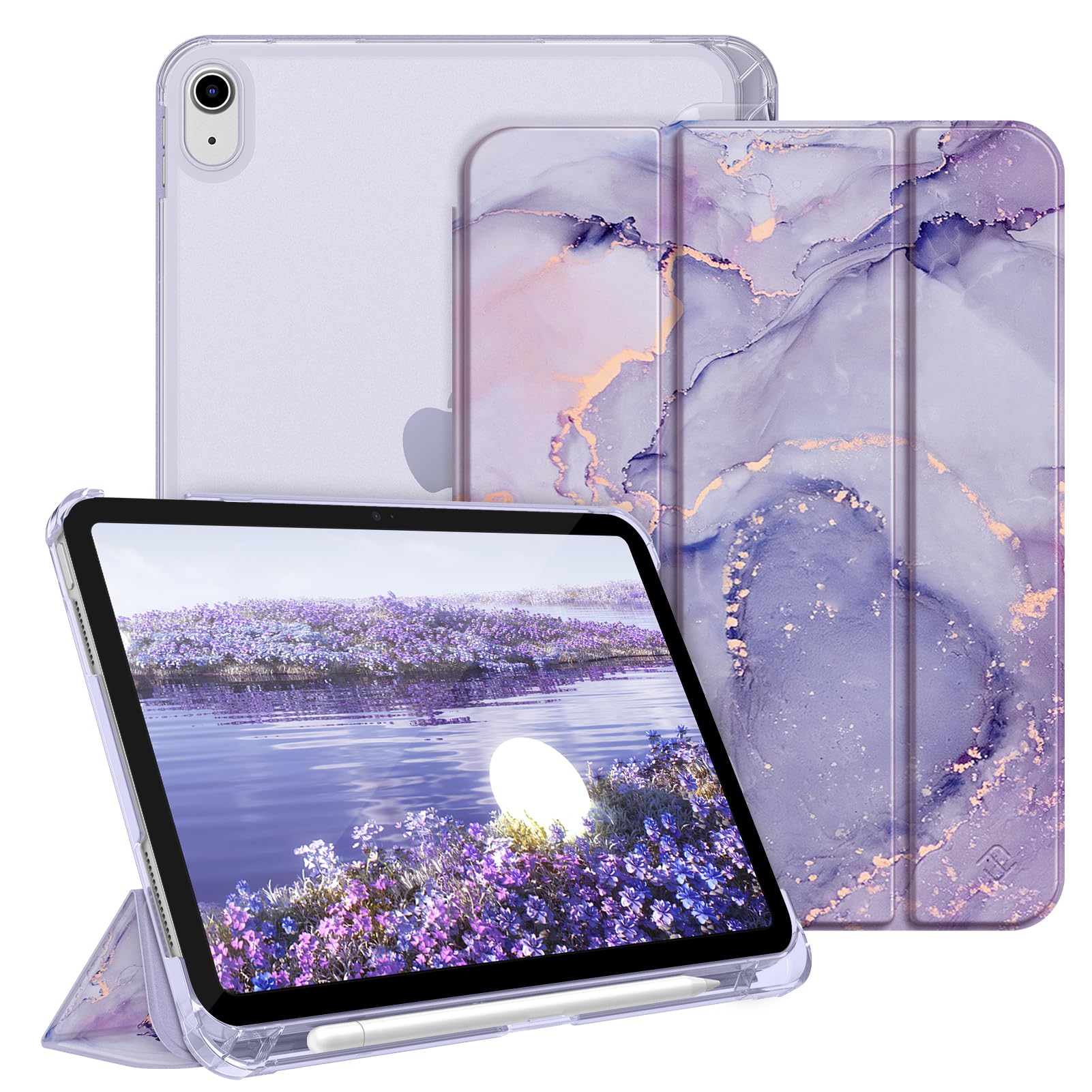Fintie iPad 10th Generation 2022 10.9 Inch Case with Pen Holder - Ultra Thin Lightweight Protective Case with Clear Back and Auto Sleep/Wake Function, Marble Purple