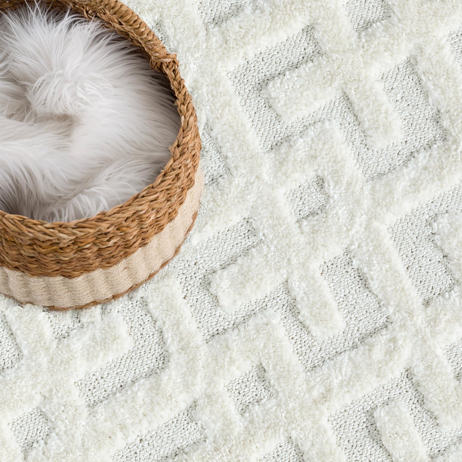 payé Teppich Rund - 200x200cm - Hochflor - Boho - Pastell Creme Grau - Einfarbig - Modern Geo Muster- Skandinavisch Flauschig Weich - Schlafzimmer Dekoration