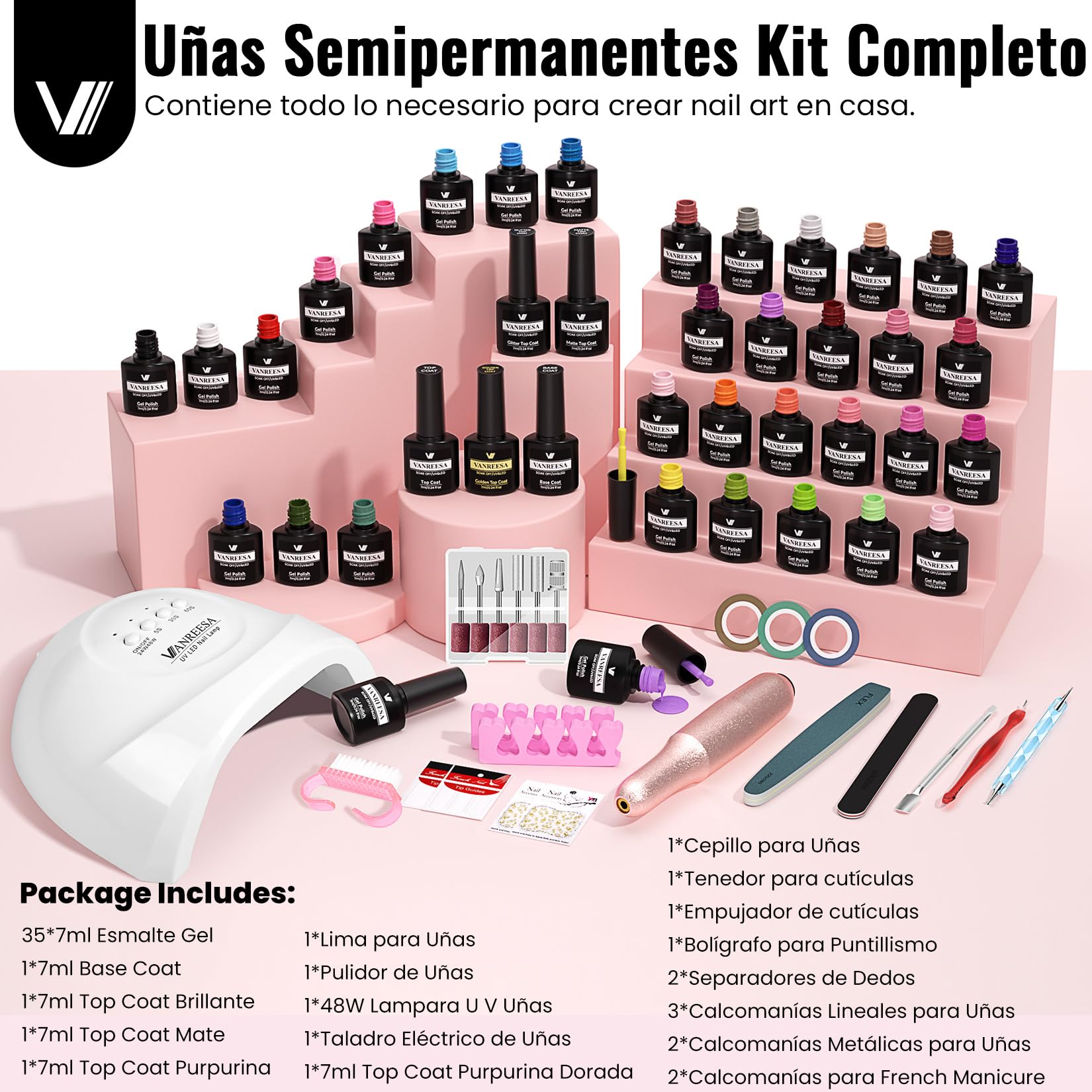 VANREESA Kit Uñas Semipermanentes, 35 Colores Pintauñas Semipermanentes con Base Top Coat Lampara UV 48W, Taladro Eléctrico Profesional para Uñas y Herramientas Manicura, Regalo para Principiantes