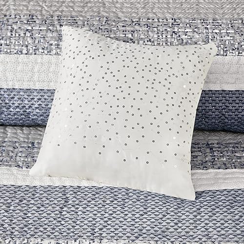 Miniatura 17 de Madison Park Juego de edredón Queen de jacquard lustroso y purpurina, conjunto de cubrecama para cama tamaño Queen  para todas las estaciones, juego