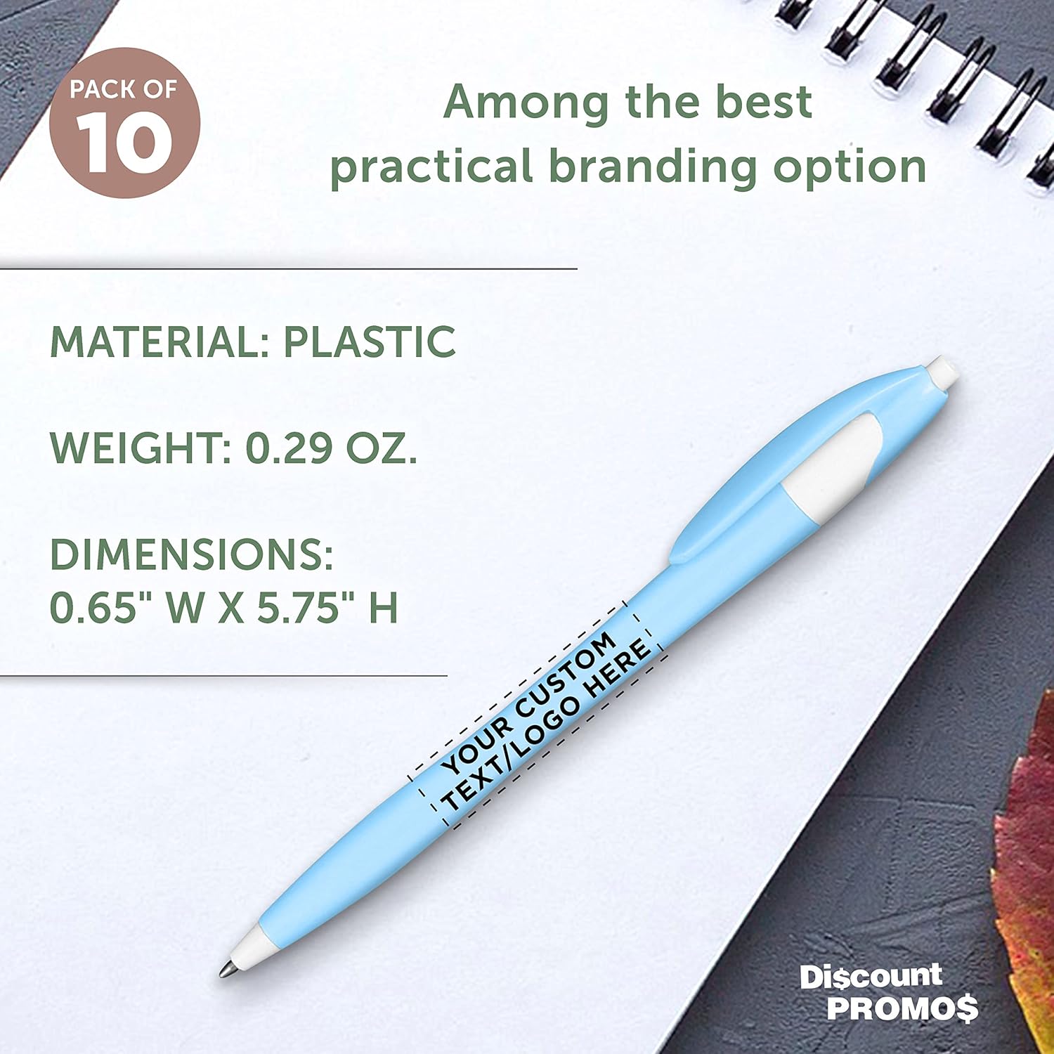 DISCOUNT PROMOS Custom Two Tone Plastic Office Pens Set of 10, Personalized Bulk Pack - Black Ink, Great for Office, School, Business, Tradeshows, Other Events - Ice Blue