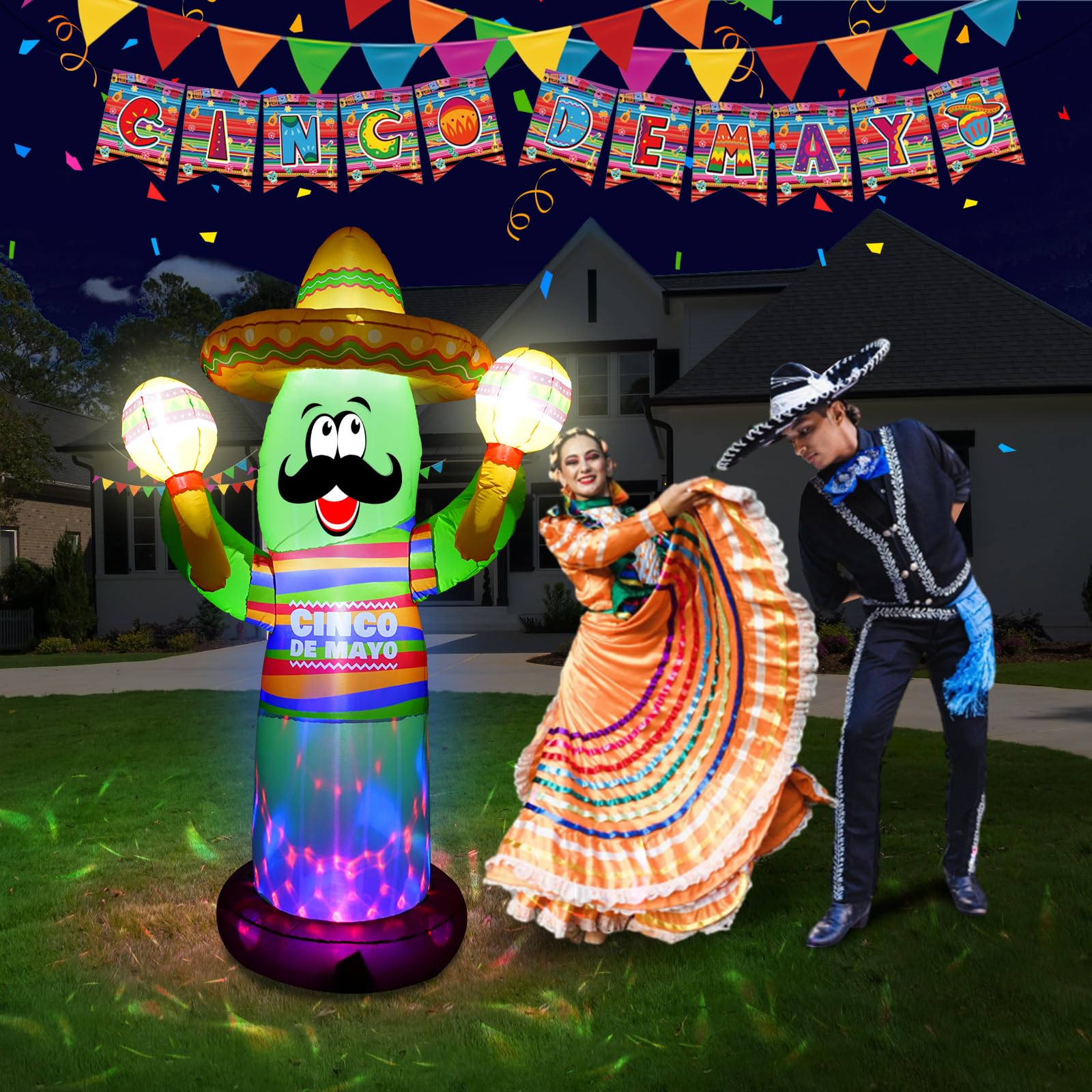 Aufblasbarer Kaktus Cinco De Mayo Cinco De Mayo, mexikanischer aufblasbarer Kaktus mit Taco Sombrero und Maraca, integrierte bunte LED für den 5. Mai für drinnen und draußen, Mexiko, Fiesta,