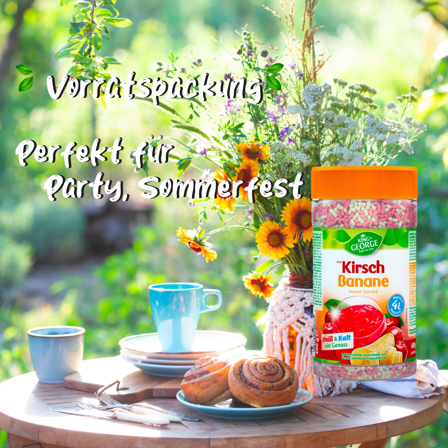 KING GEORGE - Chersch Banan 12 x 400 g – Instant Mrożona herbata napój mieszany z witaminą C – letnia przyjemność – opakowanie korzystne – napoje w proszku, napój orzeźwiający dla rodziny, pracowników