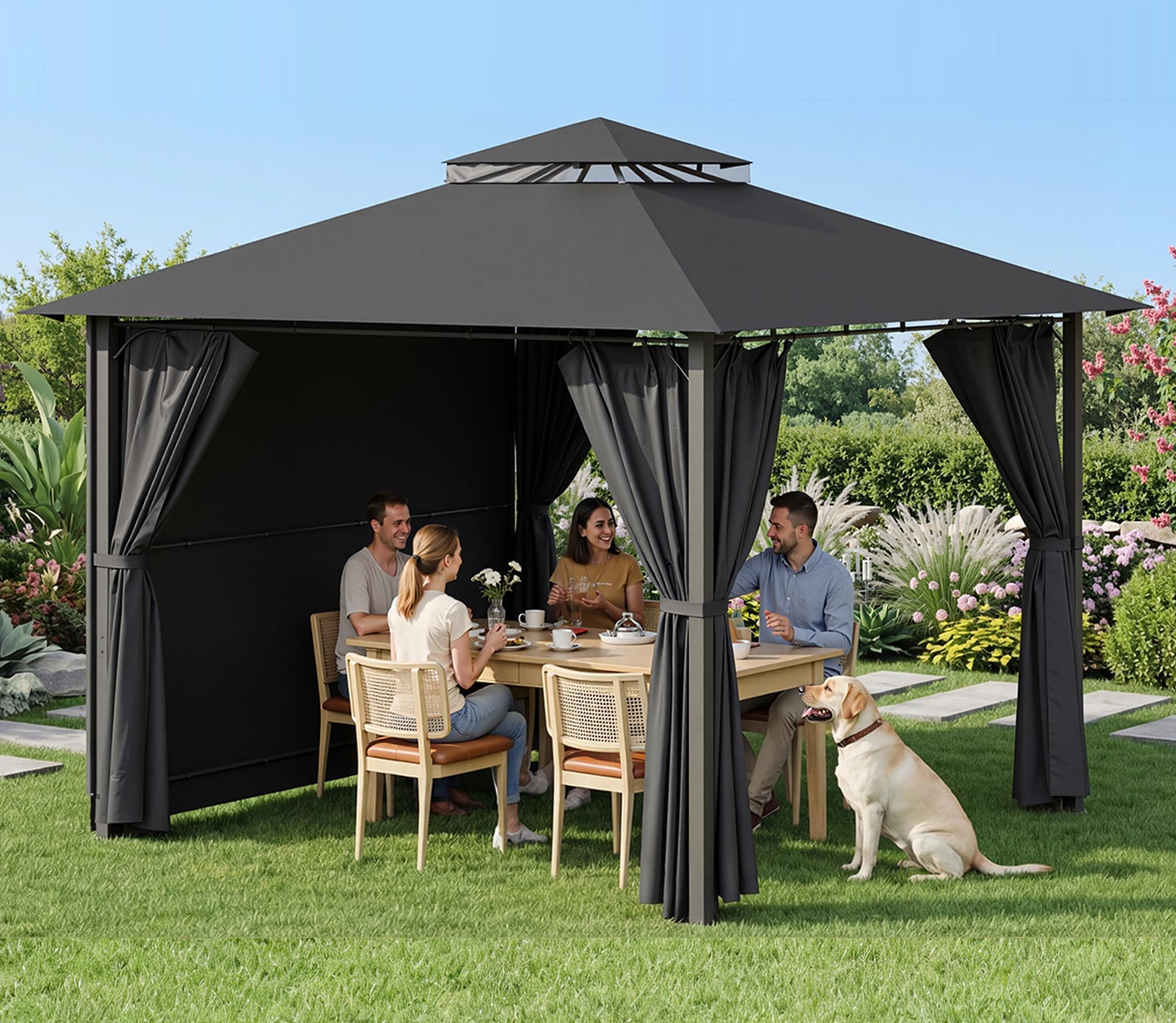 Devoko Tonnelle de Jardin Exterieur 3x3 m avec Auvent Latéral, Tonnelle Imperméable Stable, Protection UV 50+, Pergola Jardin Exterieur Extensible à 3x4.7m pour Cour, Terrasse, BBQ Fêtes, Gris