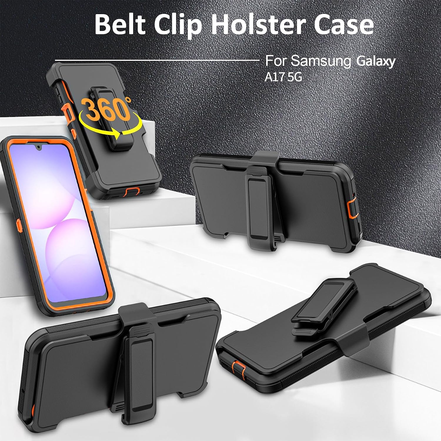 Rugged Phone Case for Samsung Galaxy A17 5G, with Belt Clip Holster & Kickstand Heavy Duty Shockproof Protective Full Body Case (Orange)