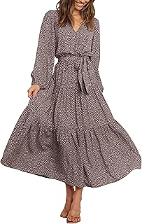 Womens Spring Long Sleeve Wrap V Neck Ruffle Floral Maxi Dress Casual Ti...