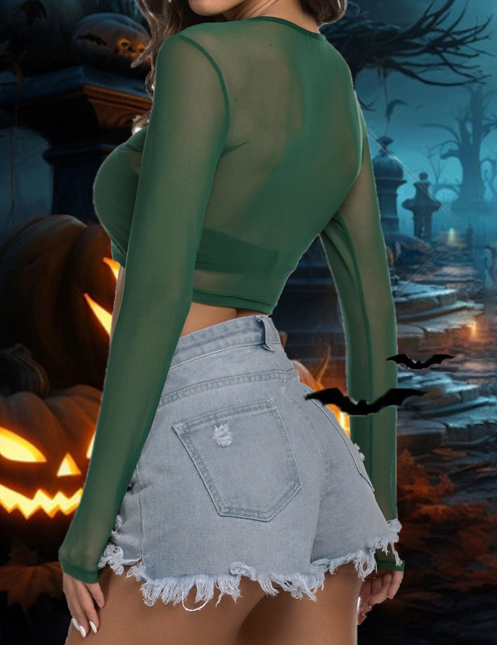 ADOME Mesh Crop Top Sheer Tops for Women See Through Shirt Long Sleeve Basic Crop Top S-4XL