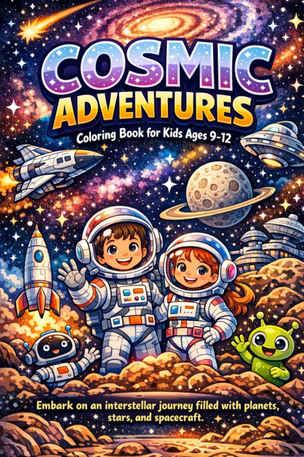 COSMIC ADVENTURES Coloring Book for Kids Ages 9–12: Embark on an interstellar journey filled with planets, stars, and spacecraft.