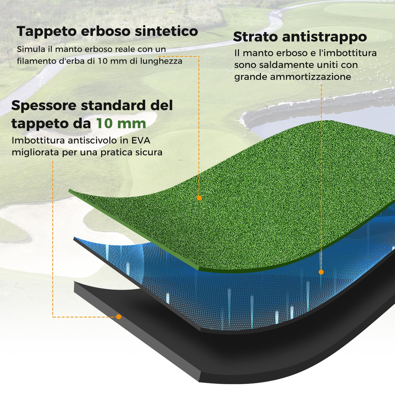COSTWAY Tappeto da Allenamento Golf 3-in-1, Tappetino da Allenamento in Erba Sintetica con 2 Punte da Golf, 2 Aste di Allineamento e 3 Fori Preforati per le Punte