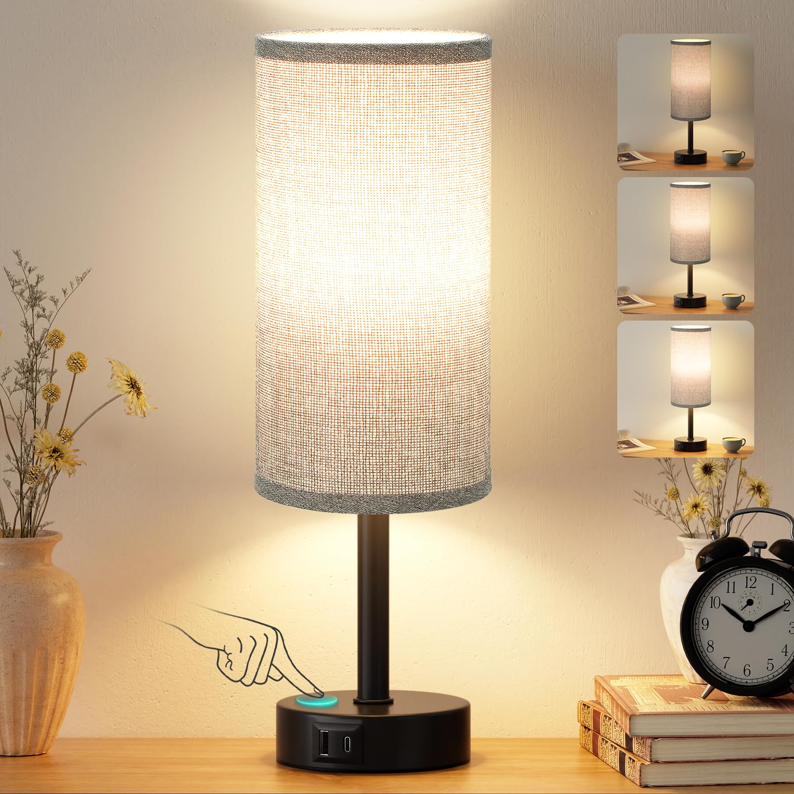 PreeOtti Grey Touch Lamp, Table Lamp with 2 USB Charging Ports, Black Base (Bulb Included)