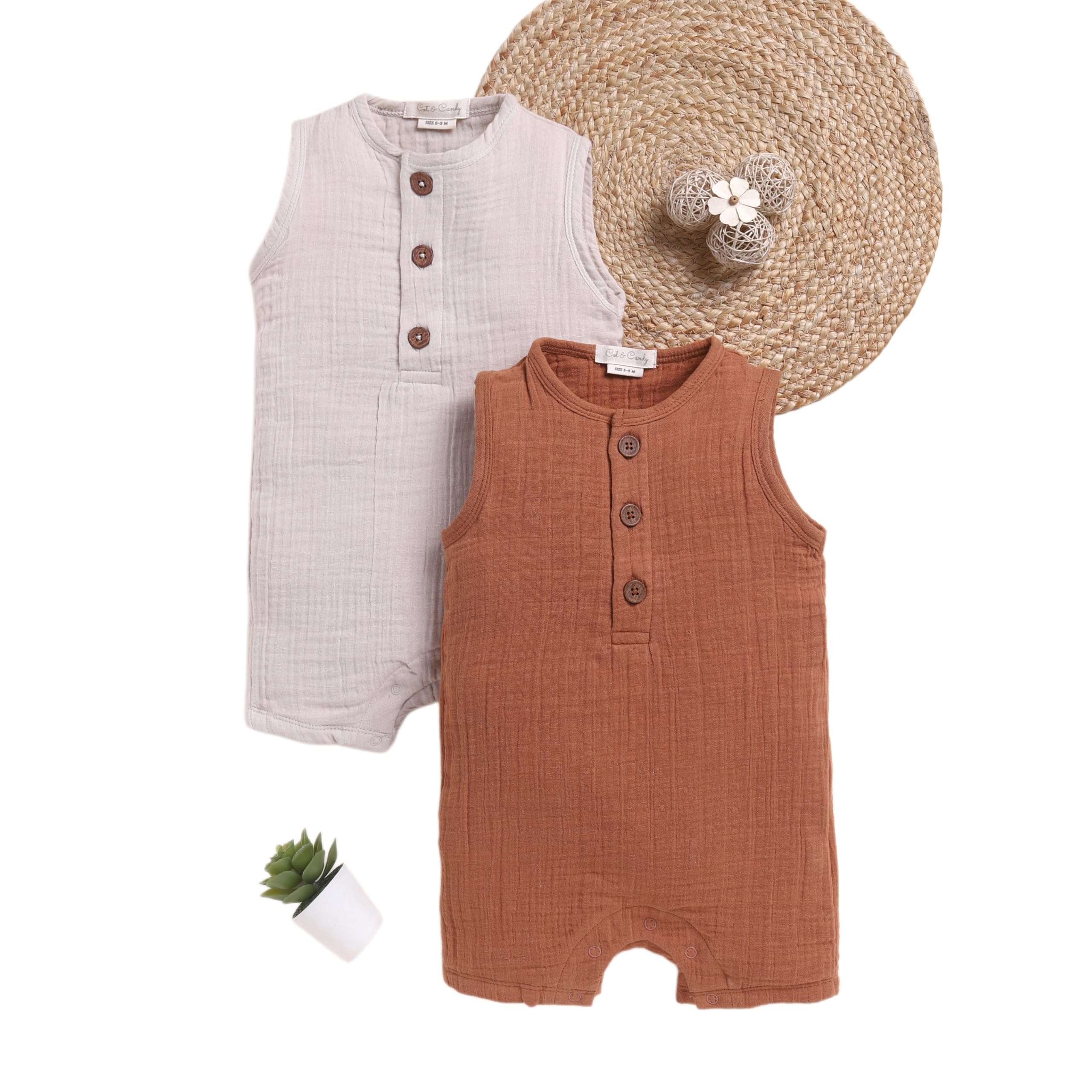 Cot & Candy Baby Organic Muslin Half Romper Pack Of 2-Oatmeal + Ginger-image-37
