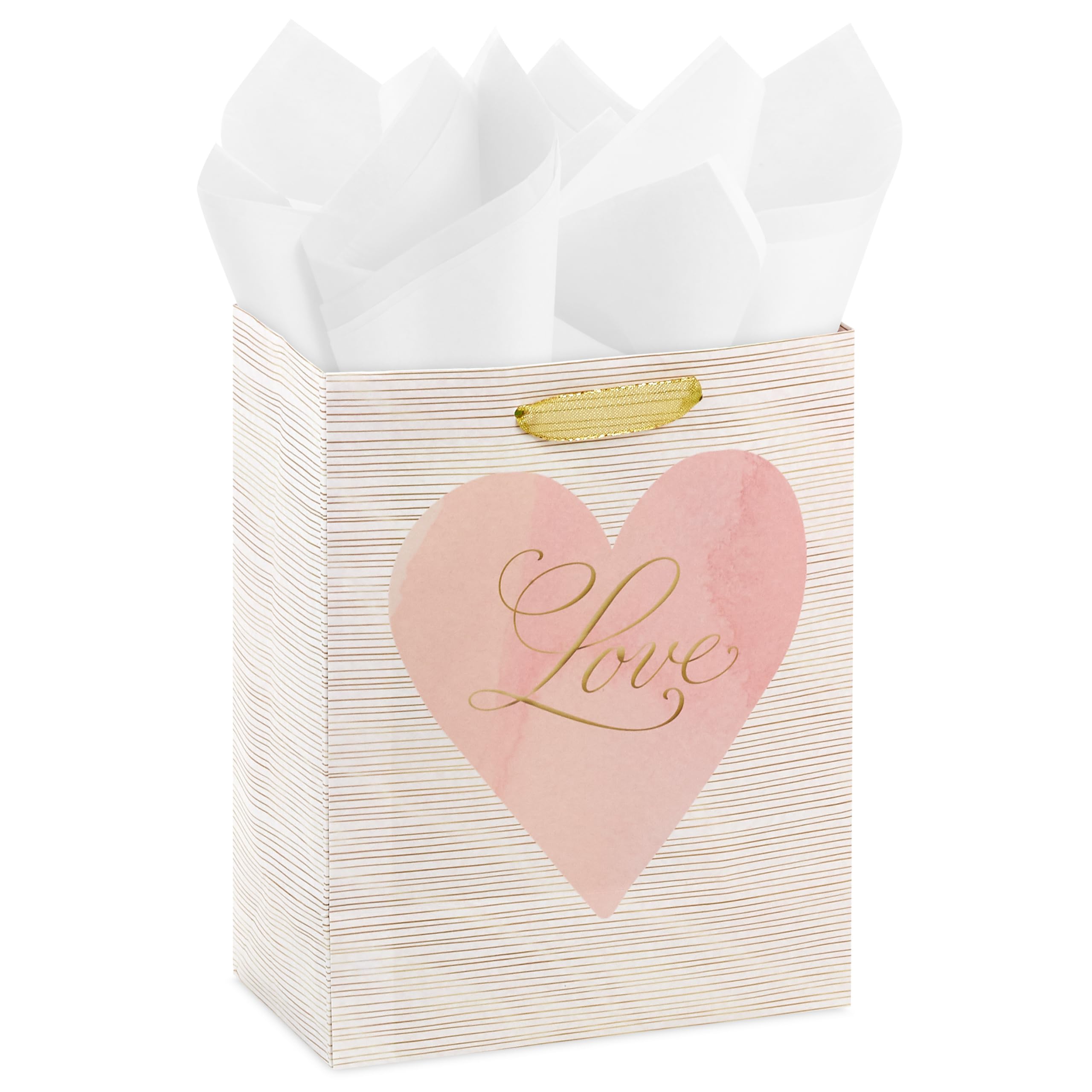 Hallmark 9" Medium Gift Bag with Tissue Paper (Love Pink and Gold Heart) for Valentine's Day, Weddings, Engagements, Bridal Showers