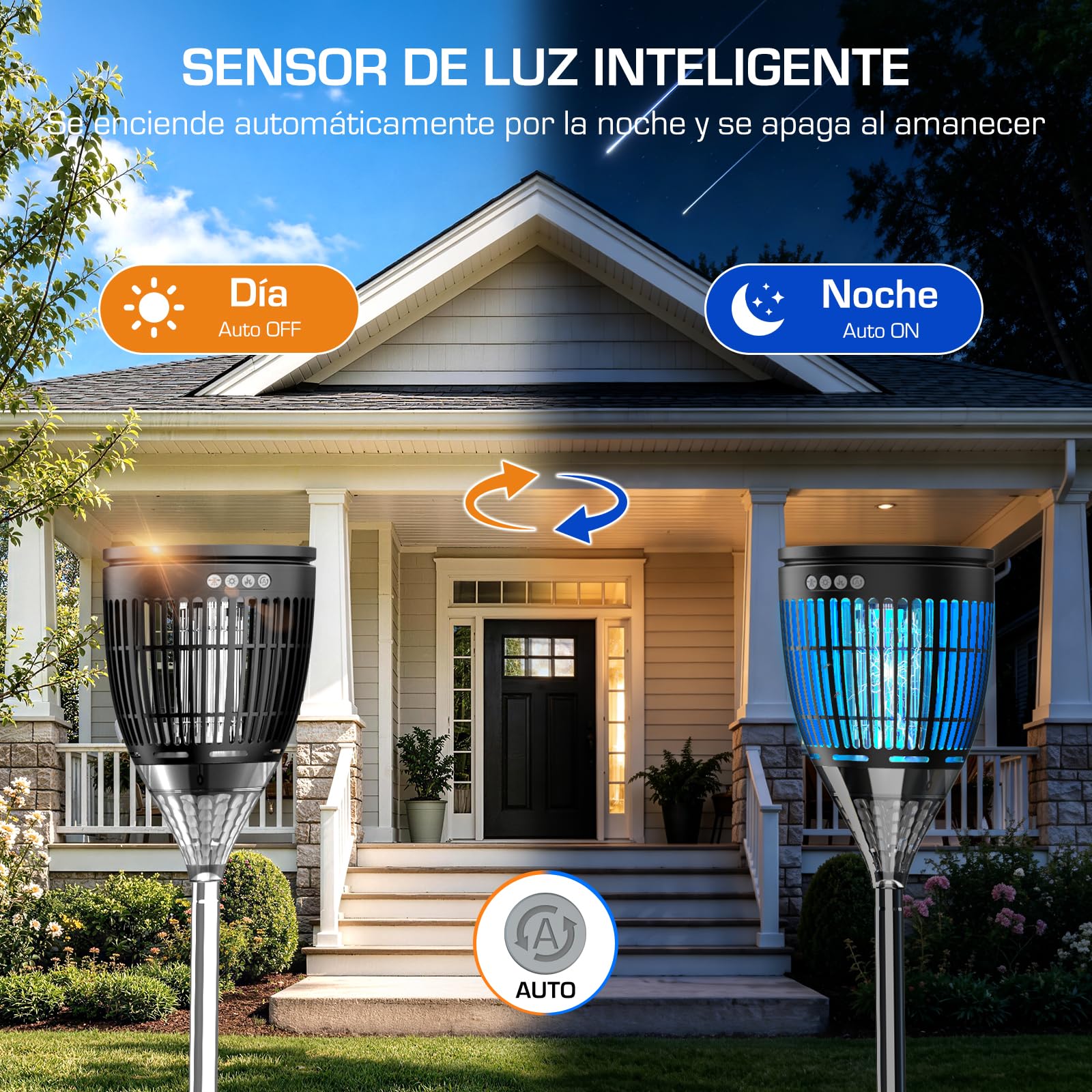 Lámpara Antimosquitos Solar de Exterior, Mata Mosquitos Eléctrico 4200V, Impermeable IPX5, Recargable USB-C, Matamoscas Eléctrico Sin Cables con Estaca para Jardín, Césped