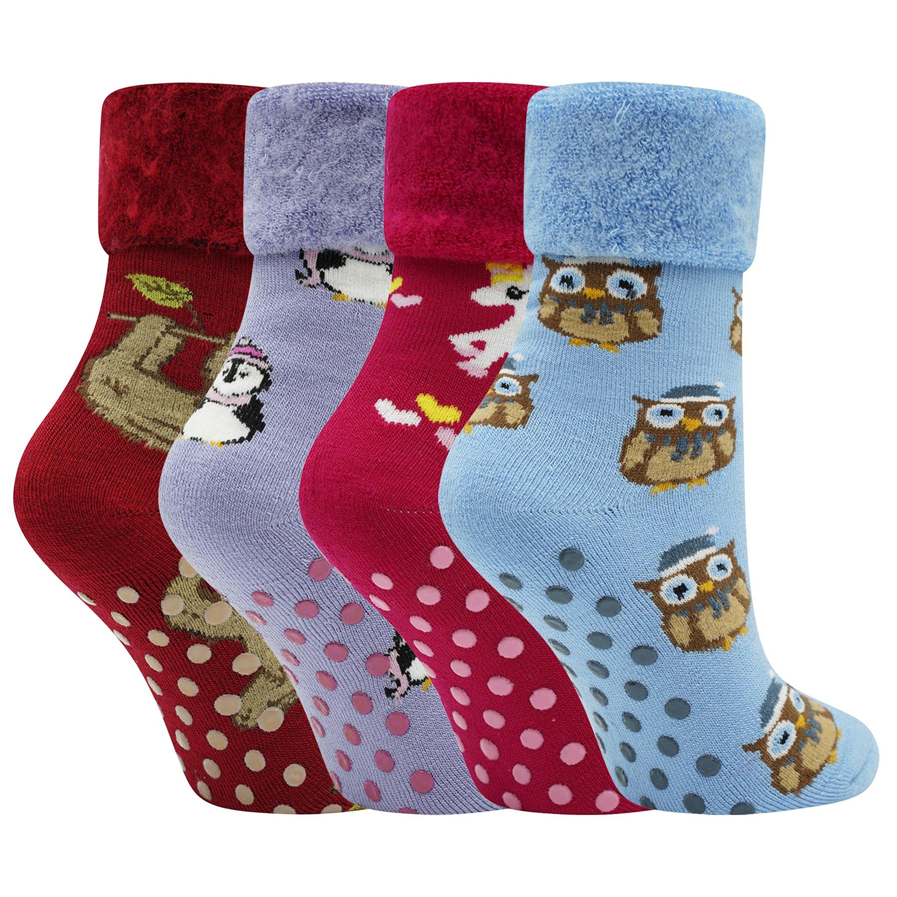 SoxySuper Soft Ladies Bed Socks - 4 Pack - Women's Fleece Lined Brushed Thermal Slipper Socks - Anti Slip with Gripper Sole - Assorted Colours/Animal Designs - UK Shoe Size 4-6