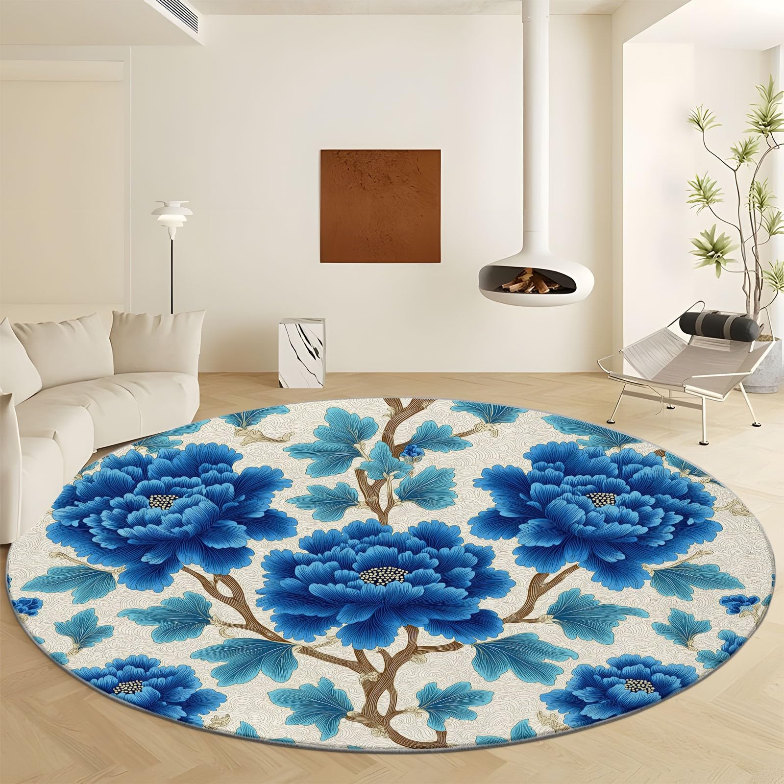 Rund Teppich 100 cm Retro-Pflanzen Pfingstrosenblüten Rutschfest Teppiche, Beige Plüsch Flauschig Weich Waschbar Runder Teppich Wohnzimmer Schlafzimmer Dekorative Küche Fußmatte Haustierteppich