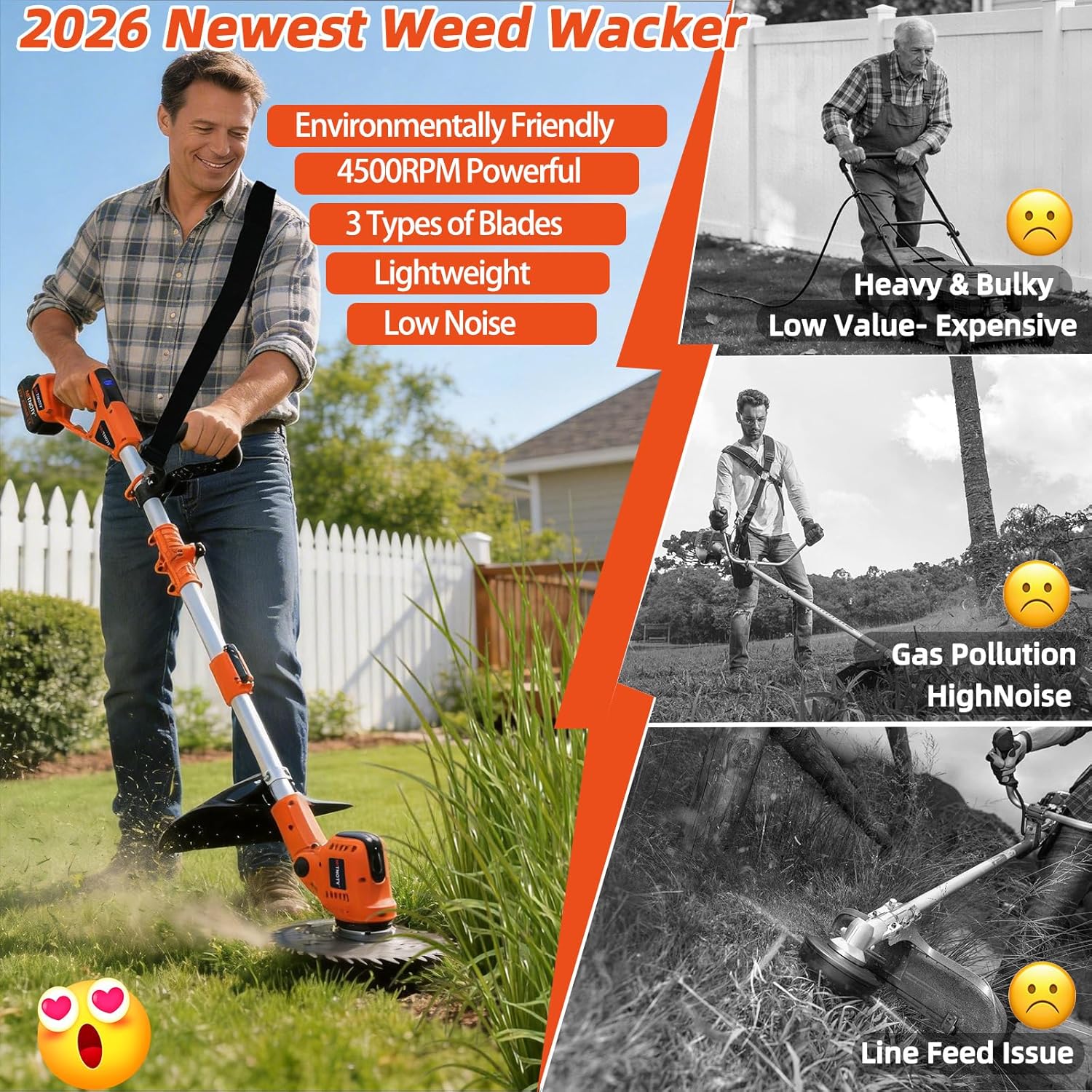 3-in-1 Electric Weed Wacker, Battery Powered Weed Eater with 2 x 4.0Ah Batteries, 900W Brushless Motor Grass Trimmer/Lawn Mower/Brush Cutter, with LCD Display & 3 Types Blades for Yard and Garden