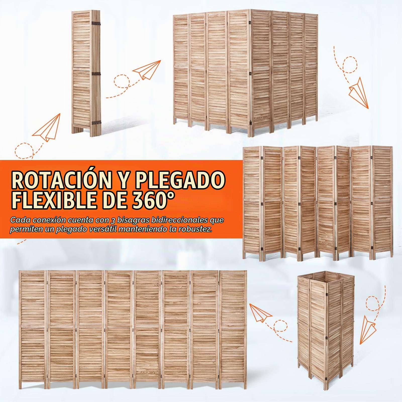 VEVOR Divisor de habitación plegable de madera, 8 paneles, 66.9 pulgadas de alto, pantalla de decoración portátil para separación de espacios
