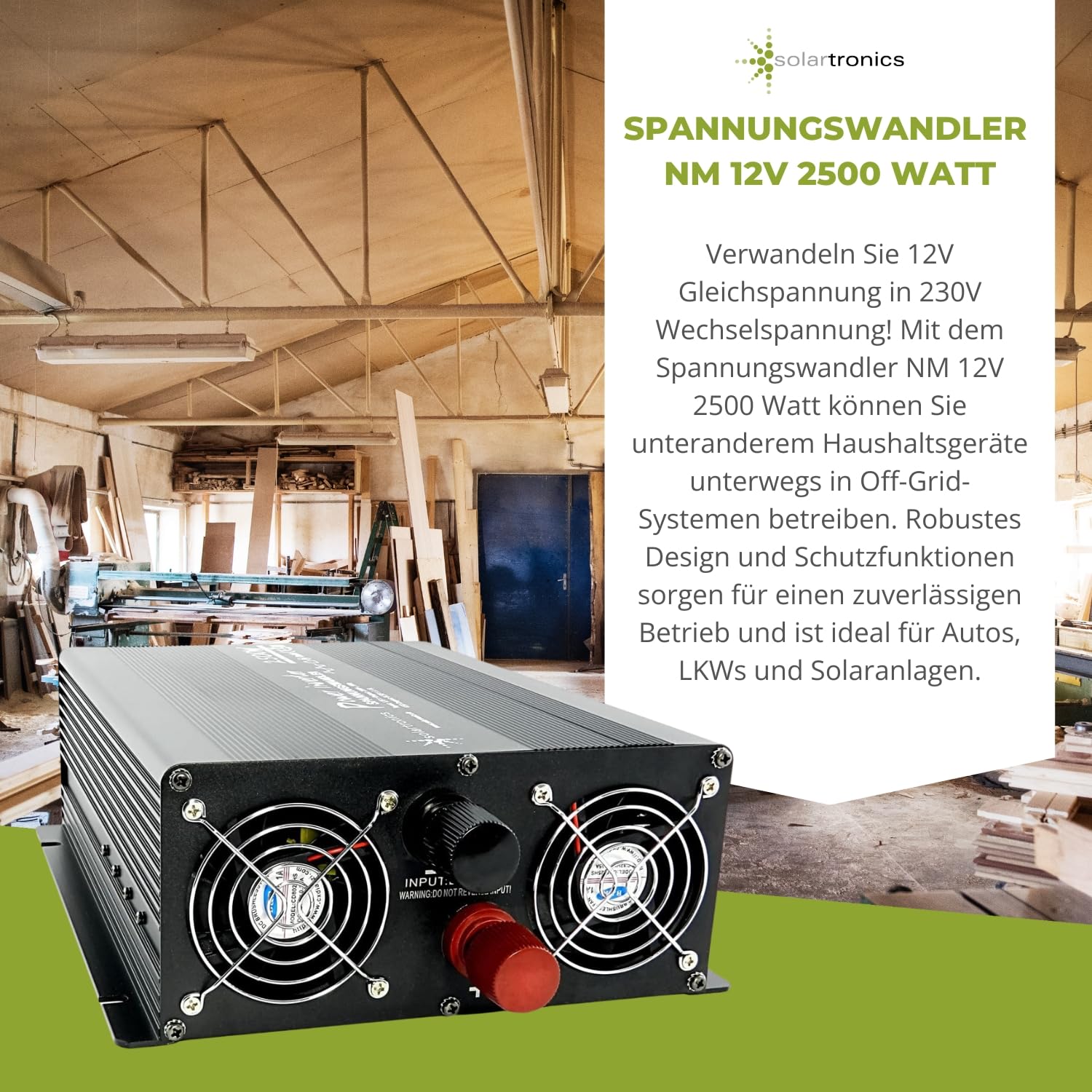 SOLARTRONICS Transformador de tensión NM2500 12 V 2500 W Negro – 5000 W de Potencia máxima – inversor de 12 V a 230 V – Batería de Plomo o AGM Compatible – con Conector Schuko y USB