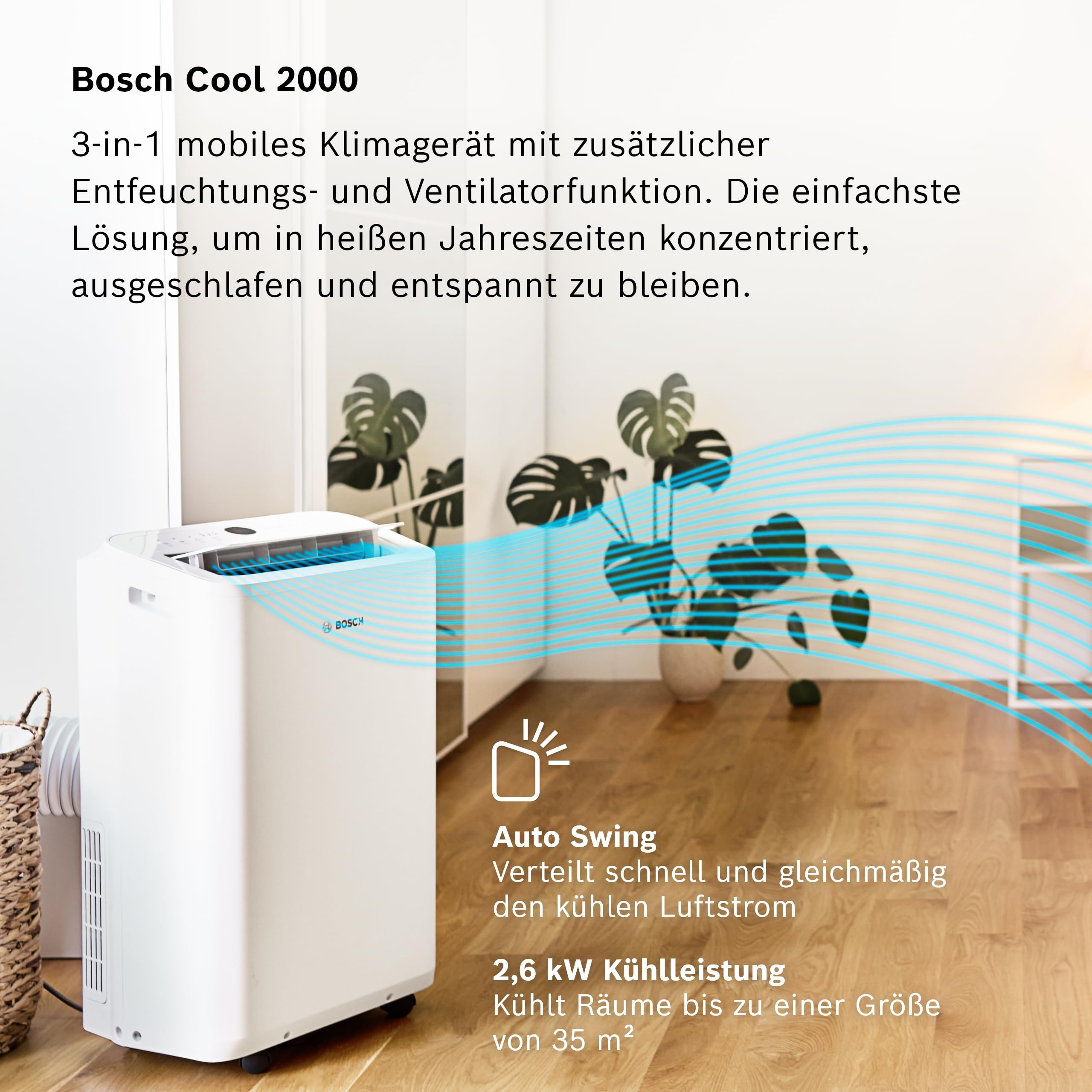 Bosch Cool 2000 Mobiles Klimagerät 2,6 kW 3-in-1 Klimaanlage für Räume bis 35m²