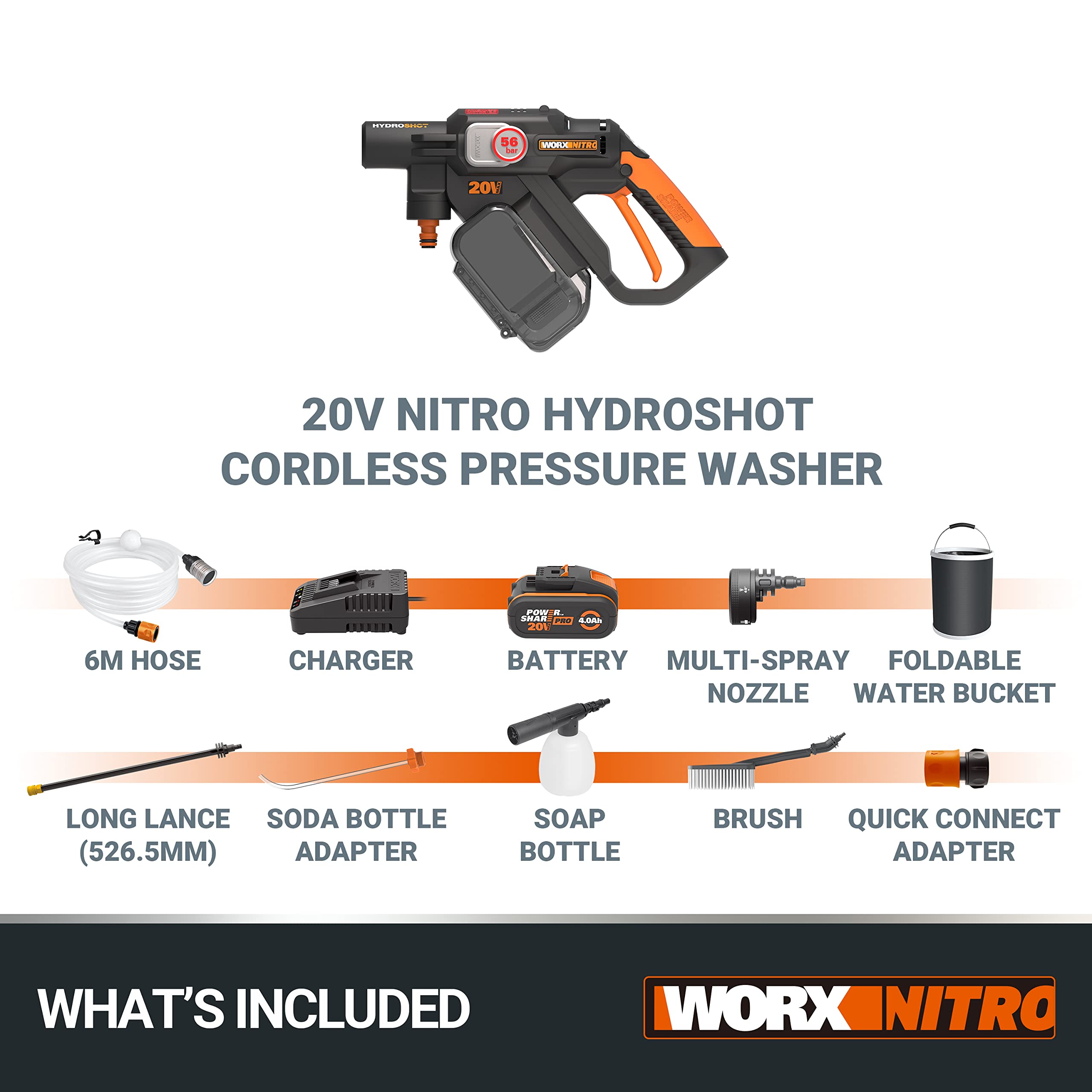 WORX Nitro WG633E.1 Profi Hydroshot Akku-Hochdruckreiniger 20V, Terrassenreinigung und Autoreinigung, Max. 56 Bar, 220L/H, mit Zubehör, PowerShare 4,0 Ah Akku & Ladegerät