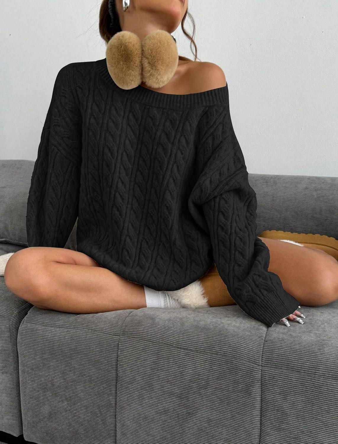ZAFUL Women's Oversized Sweaters Cable Knit Casual Long Sleeve Crew Neck Sweaters Fall Winter Pullover Sweater 2025 Black S - Image 6
