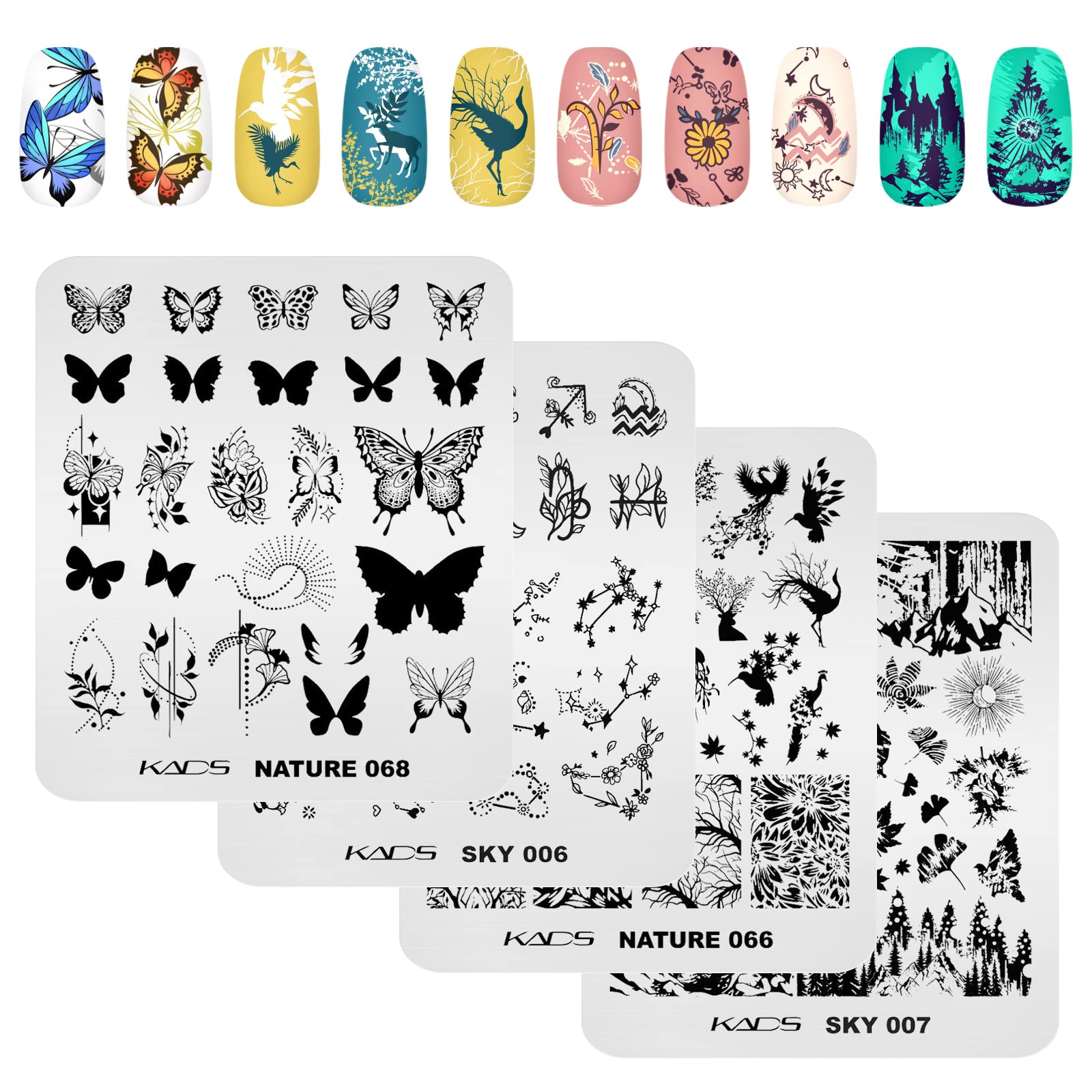 KADS 4Pcs Nail Stamping Plate Nail Stamp Template Butterfly Peacock Constellation Flower Leaf