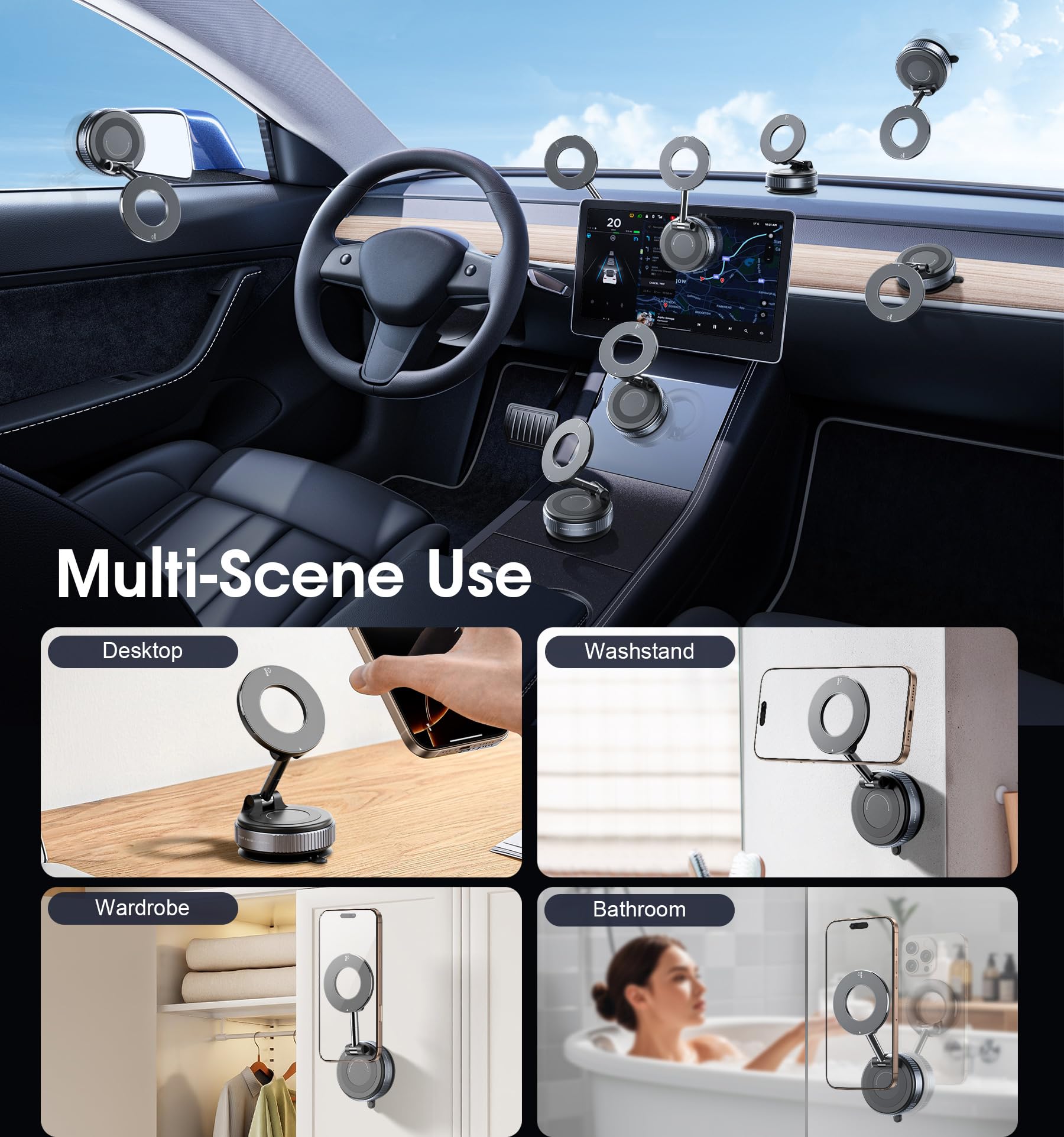 REOKILY Soporte magnético para teléfono con ventosa mejorado 2027, nano gel, 360° al vacío, soporte magnético para teléfono de coche, 110 libras, soporte reforzado para gimnasio MagSafe, espejo para