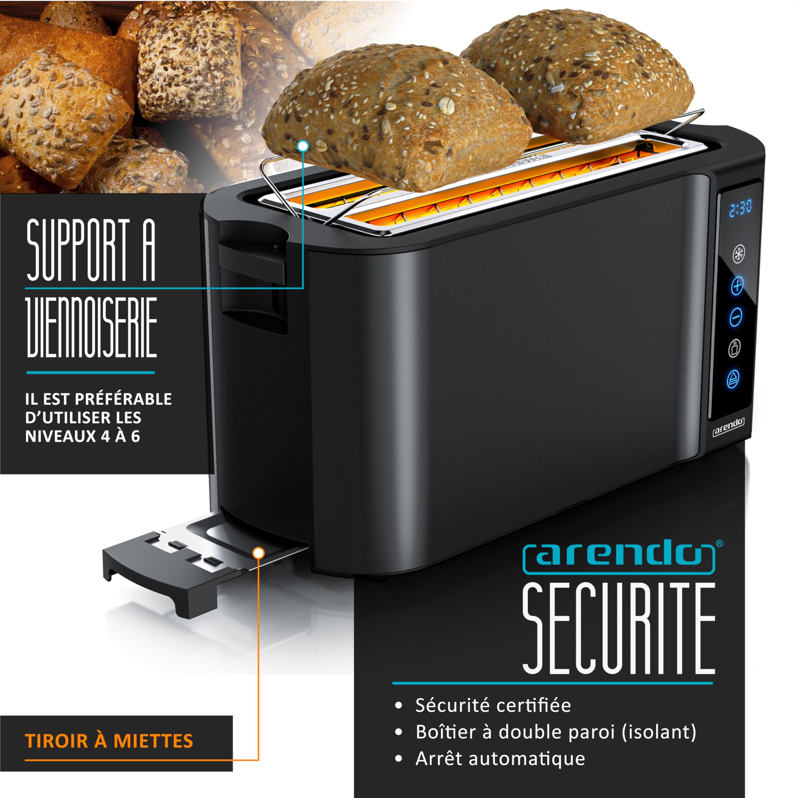 arendo Grille-Pain à 4 Fentes Longues 1500 W, écran Tactile, boîtier à Double paroi, Support à viennoiseries, 7 Niveaux de brunissement, centrage et Affichage du Temps restant, Fonction mémoire