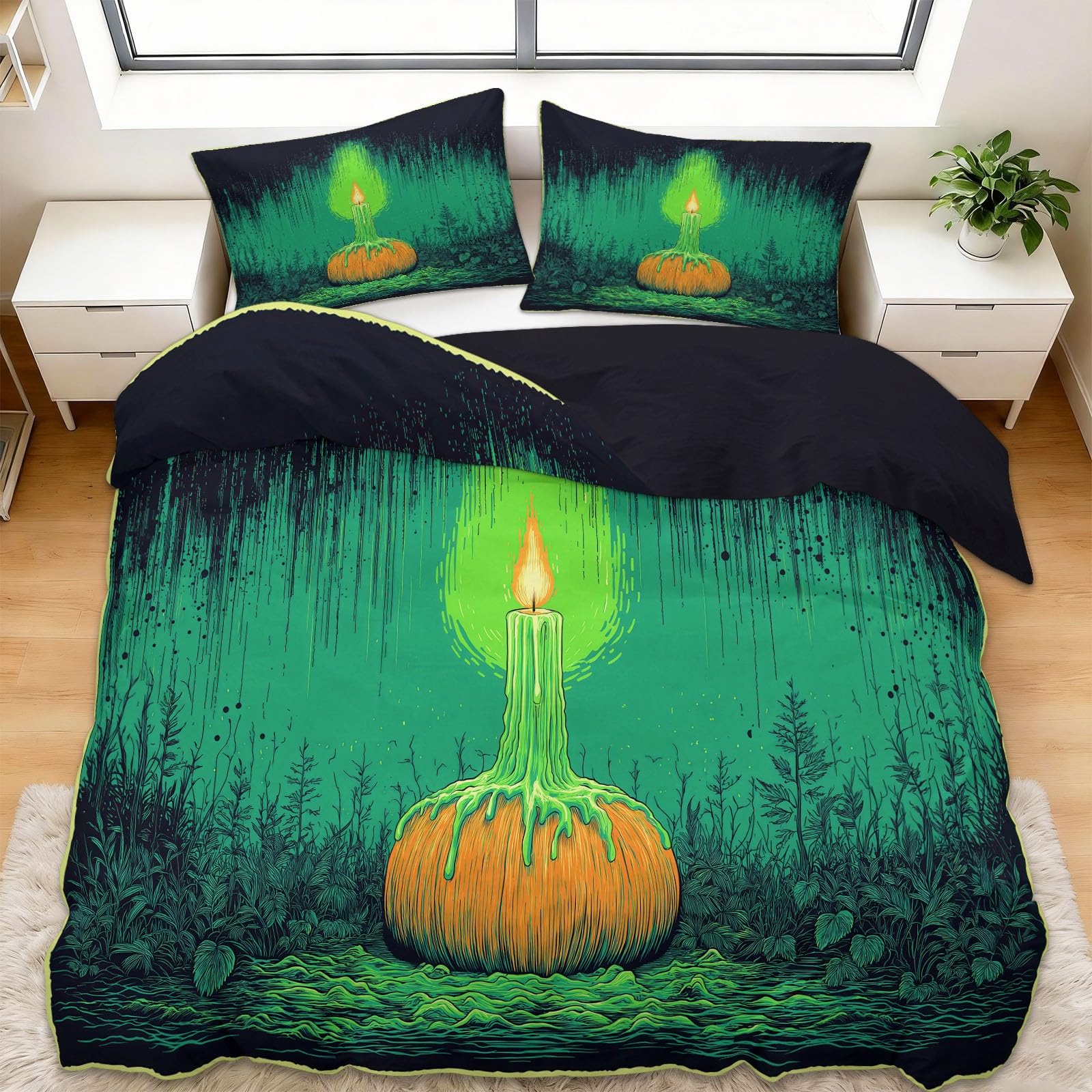 Parure de lit Halloween vert foncé pour transformer la chambre avant l'hiver