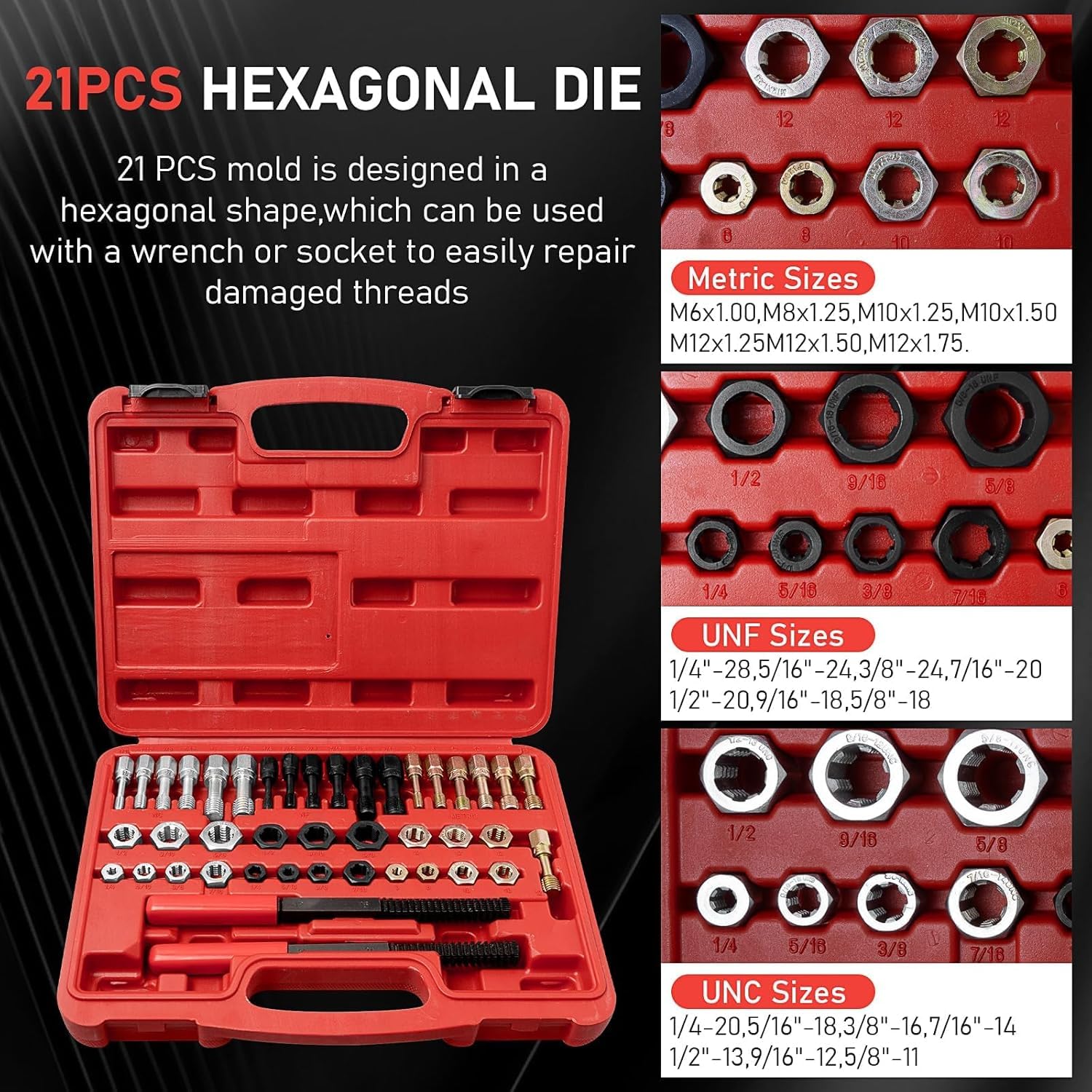 42-teiliges Gewindeschneider-Kit, Gewinde-Restaurierungsset, UNC UNF metrisches Gewindeschneider-Set mit 21 Sechskant-Schneidwerkzeugen, 19 Gewindeschneidern, 2 SAE Gewindefeilen, Nachschneidewerkzeug