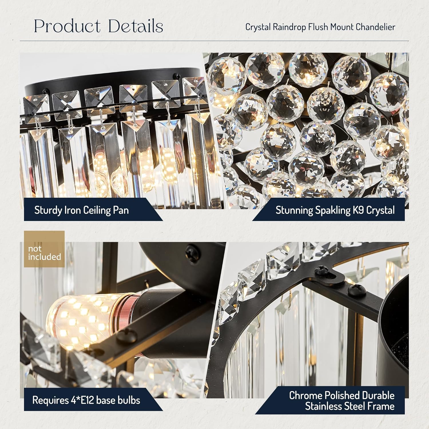 12.6" Black K9 Crystal Raindrop Flush Mount Ceiling Light, Modern Chandelier, Round Luxury Light Fixture for Dining Room, Bedroom, Hallway, Kitchen Island & Living Room